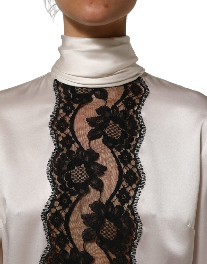 Dolce & Gabbana White satin Lace Trim LOng Sleeves Blouse Top - RIMODA