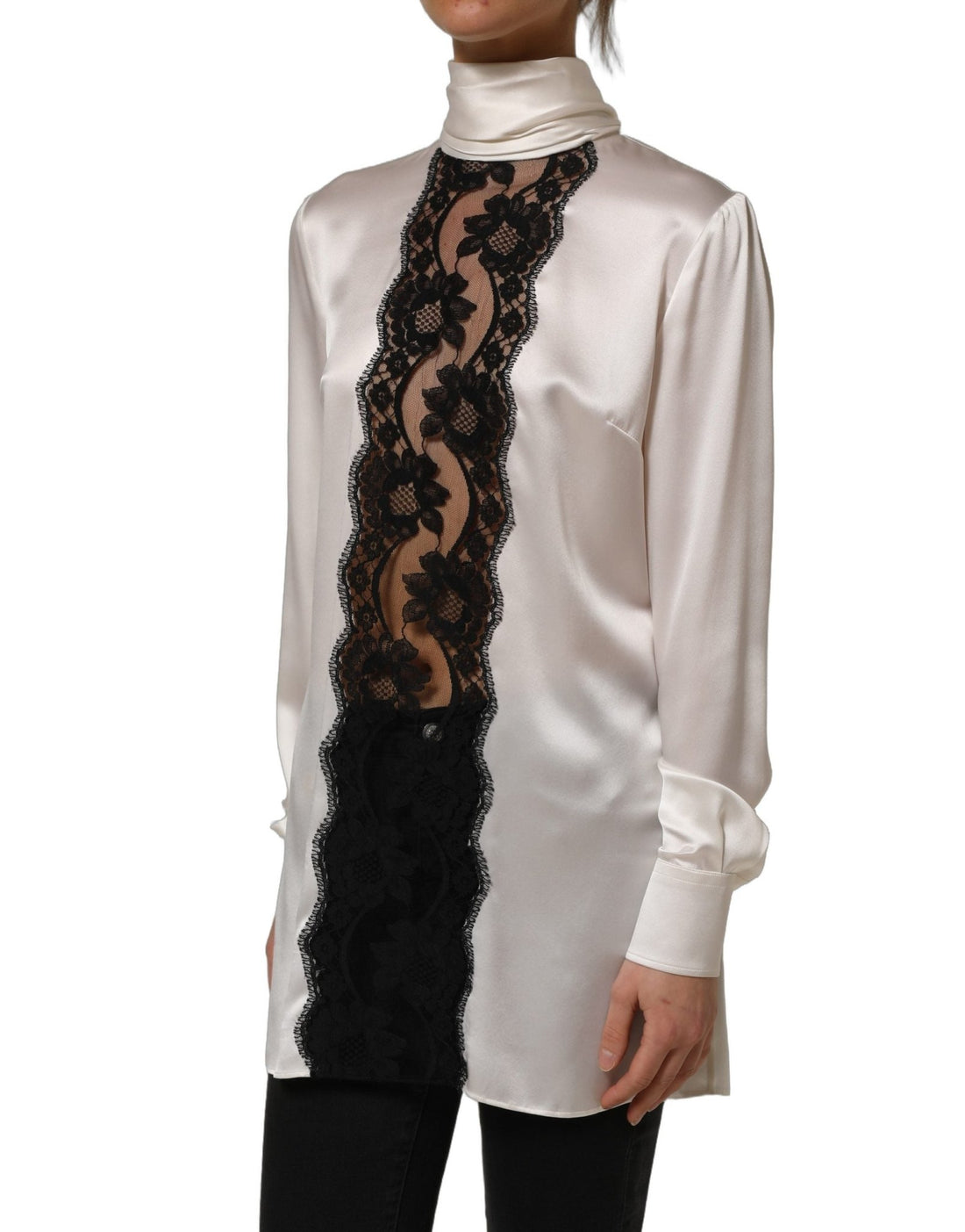 Dolce & Gabbana White satin Lace Trim LOng Sleeves Blouse Top - RIMODA