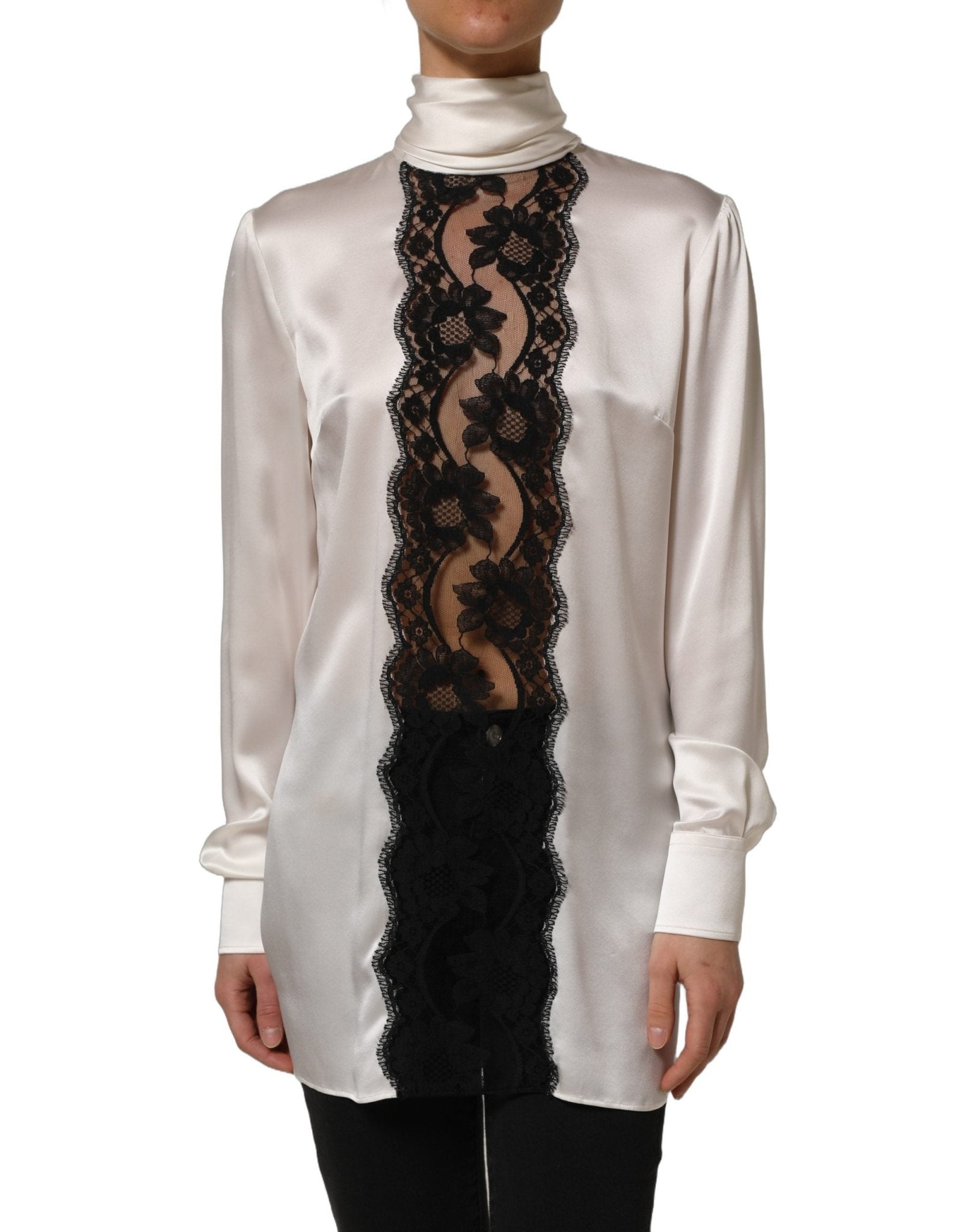 Dolce & Gabbana White satin Lace Trim LOng Sleeves Blouse Top - RIMODA