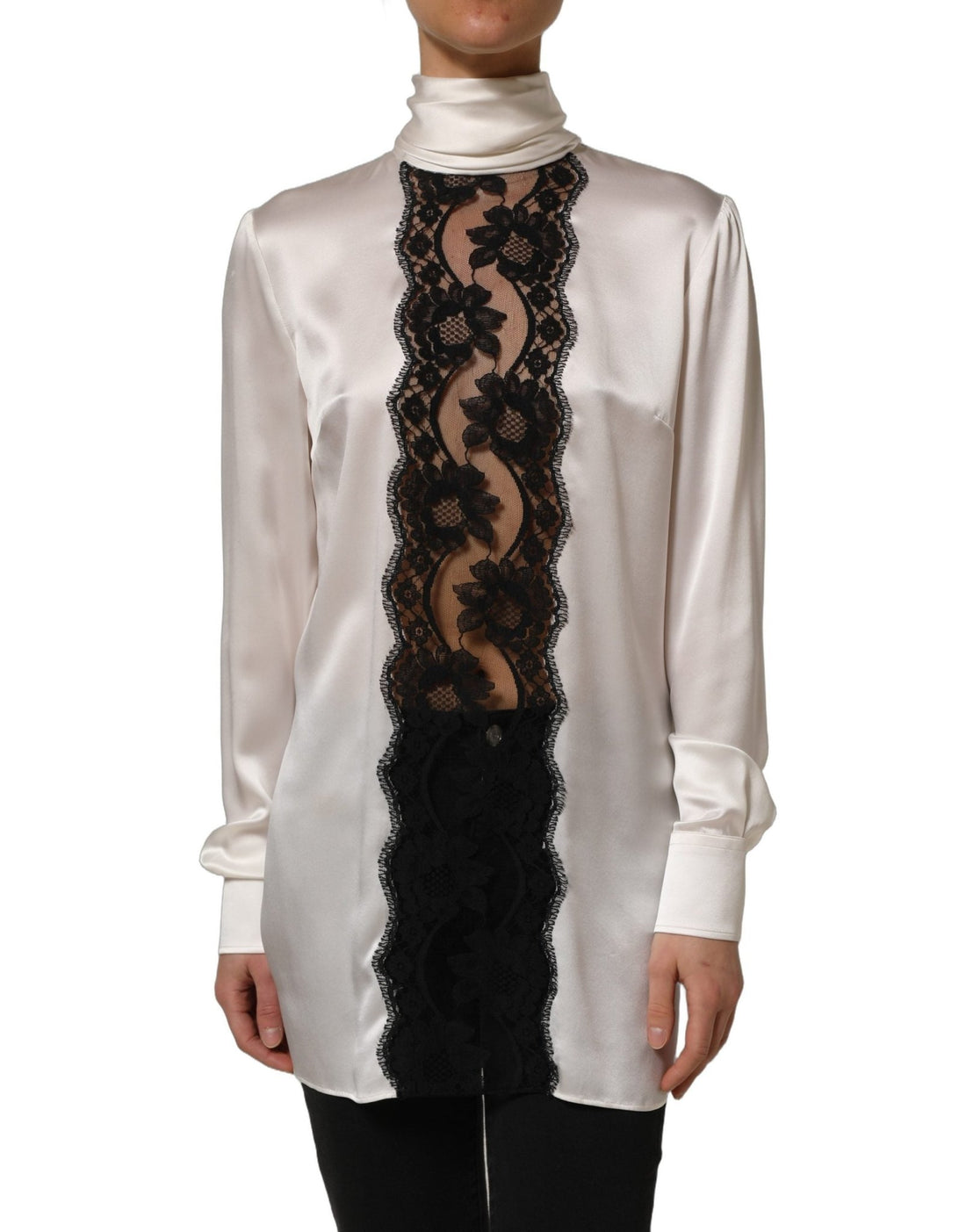 Dolce & Gabbana White satin Lace Trim LOng Sleeves Blouse Top - RIMODA