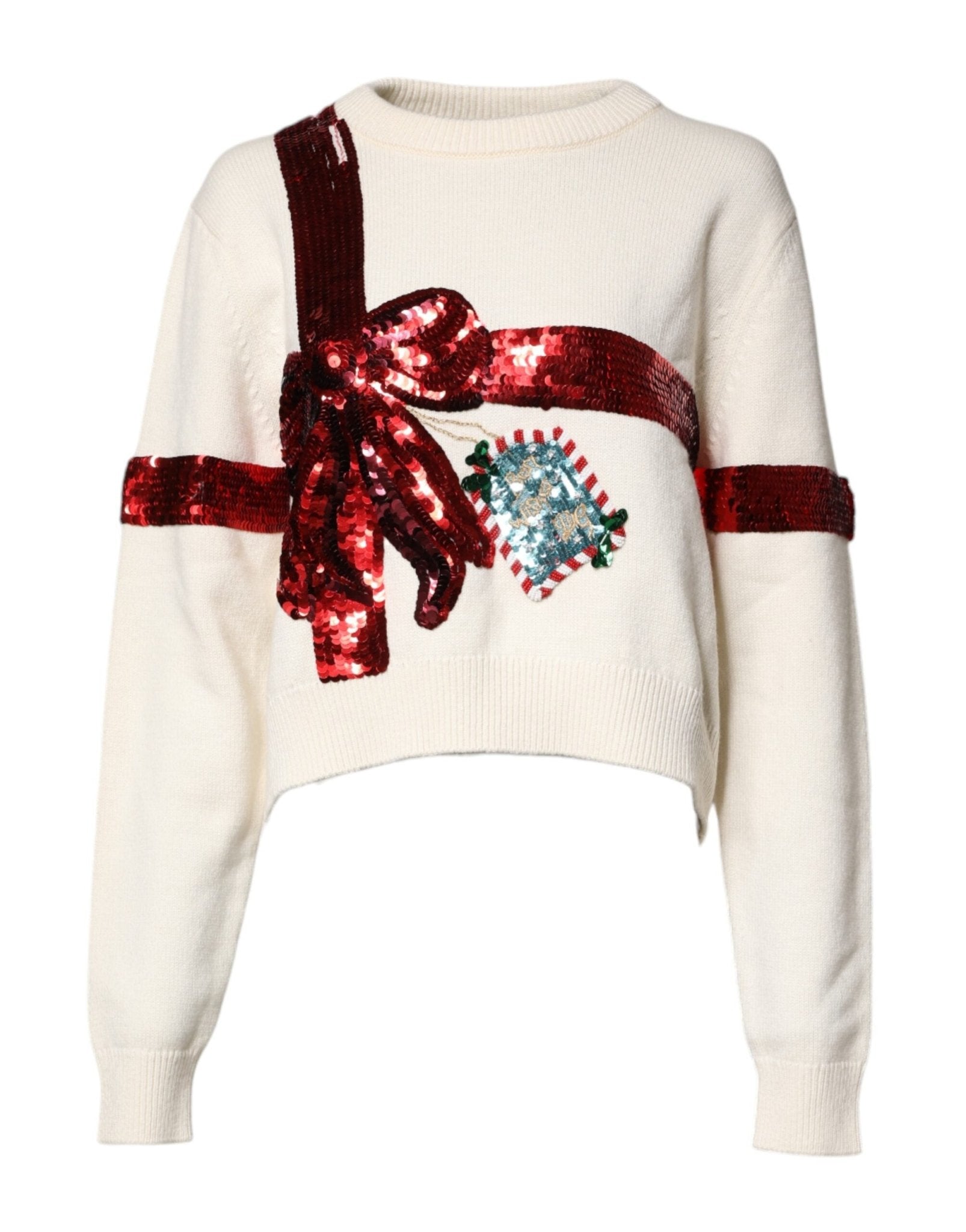 Dolce & Gabbana White Sequined Crew Neck Pullover Sweater - RIMODA
