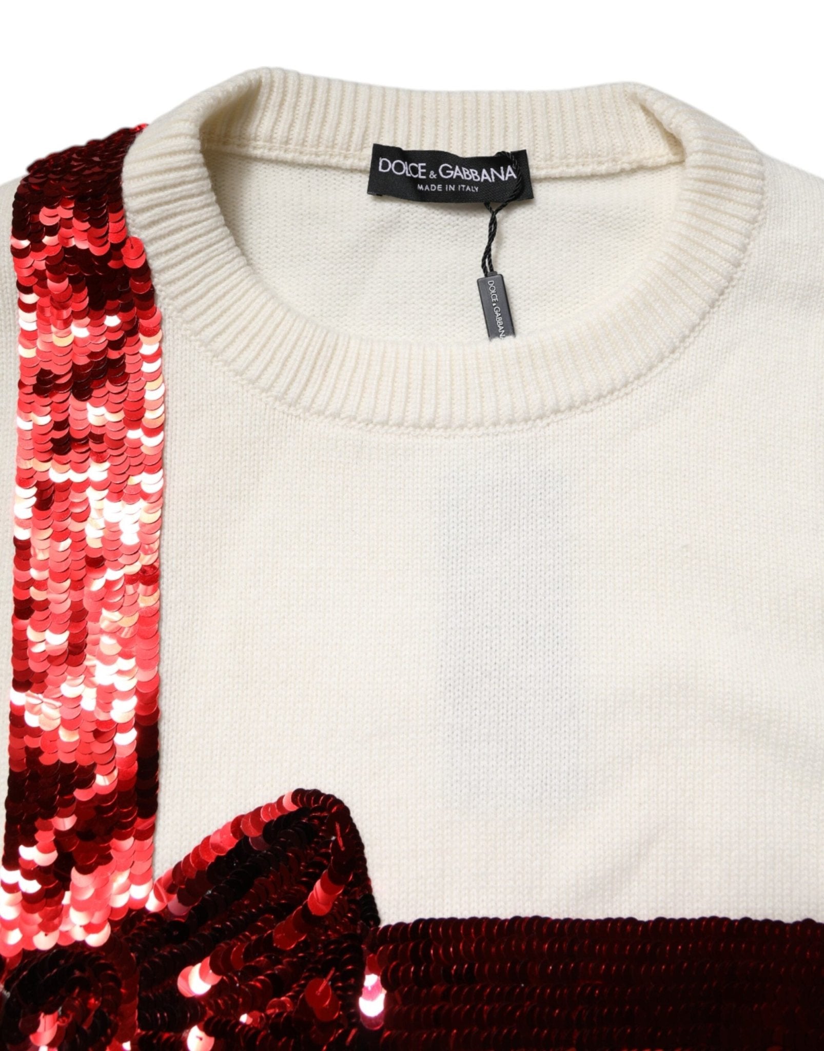 Dolce & Gabbana White Sequined Crew Neck Pullover Sweater - RIMODA