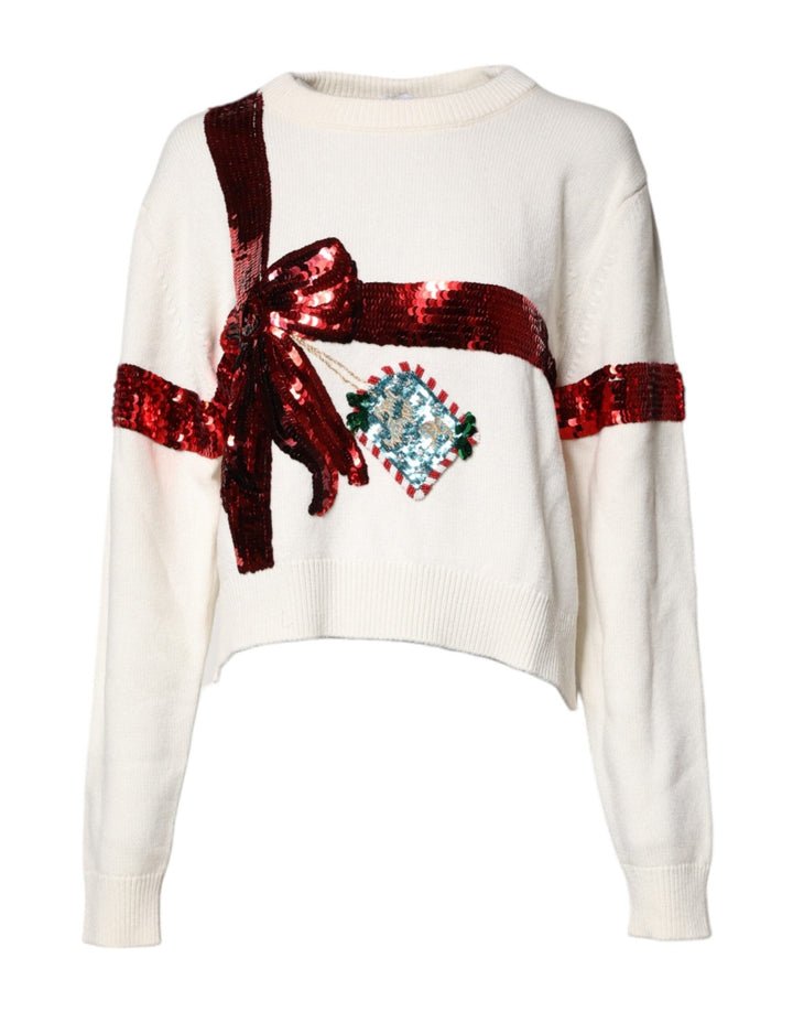 Dolce & Gabbana White Sequined Crew Neck Pullover Sweater - RIMODA