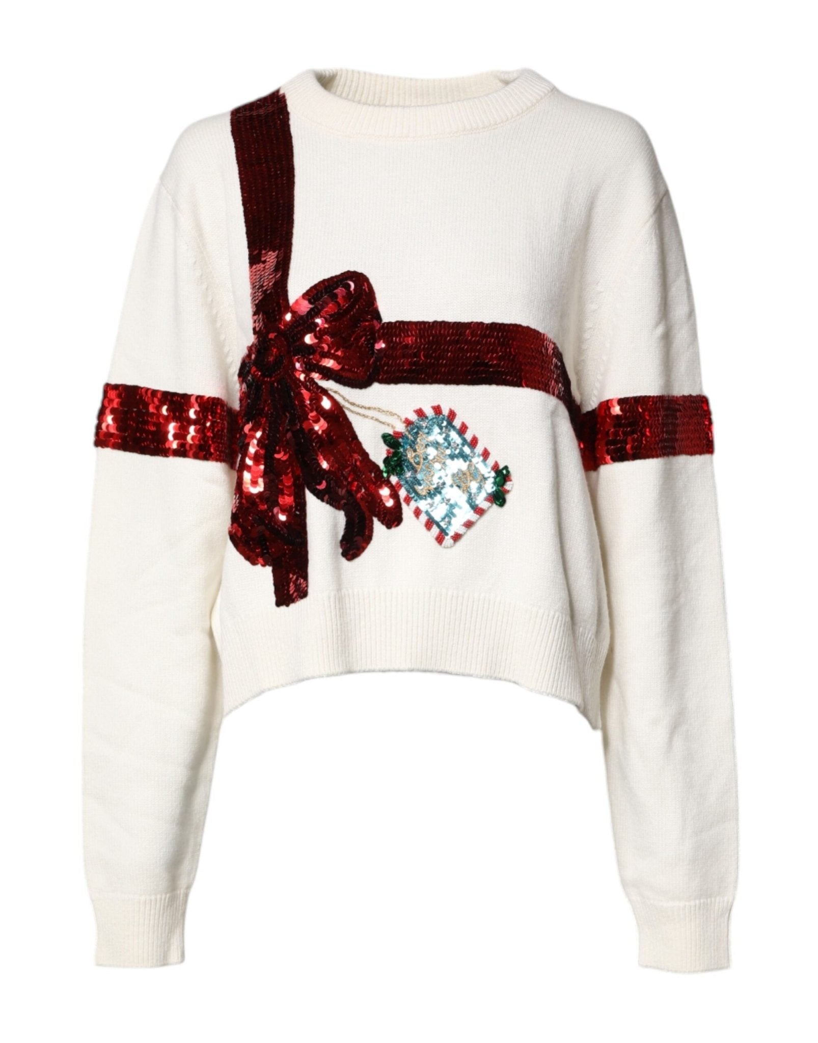 Dolce & Gabbana White Sequined Crew Neck Pullover Sweater - RIMODA