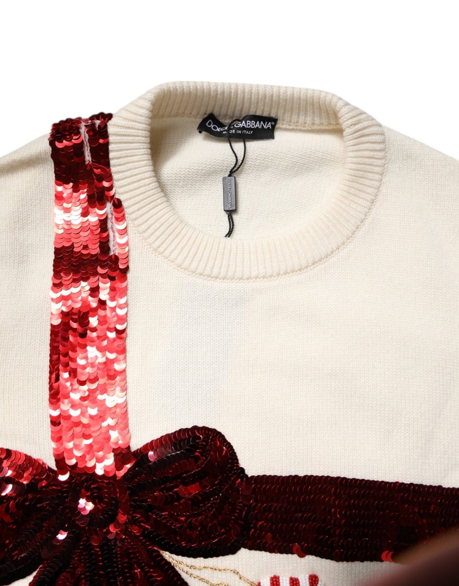 Dolce & Gabbana White Sequined Crew Neck Pullover Sweater - RIMODA