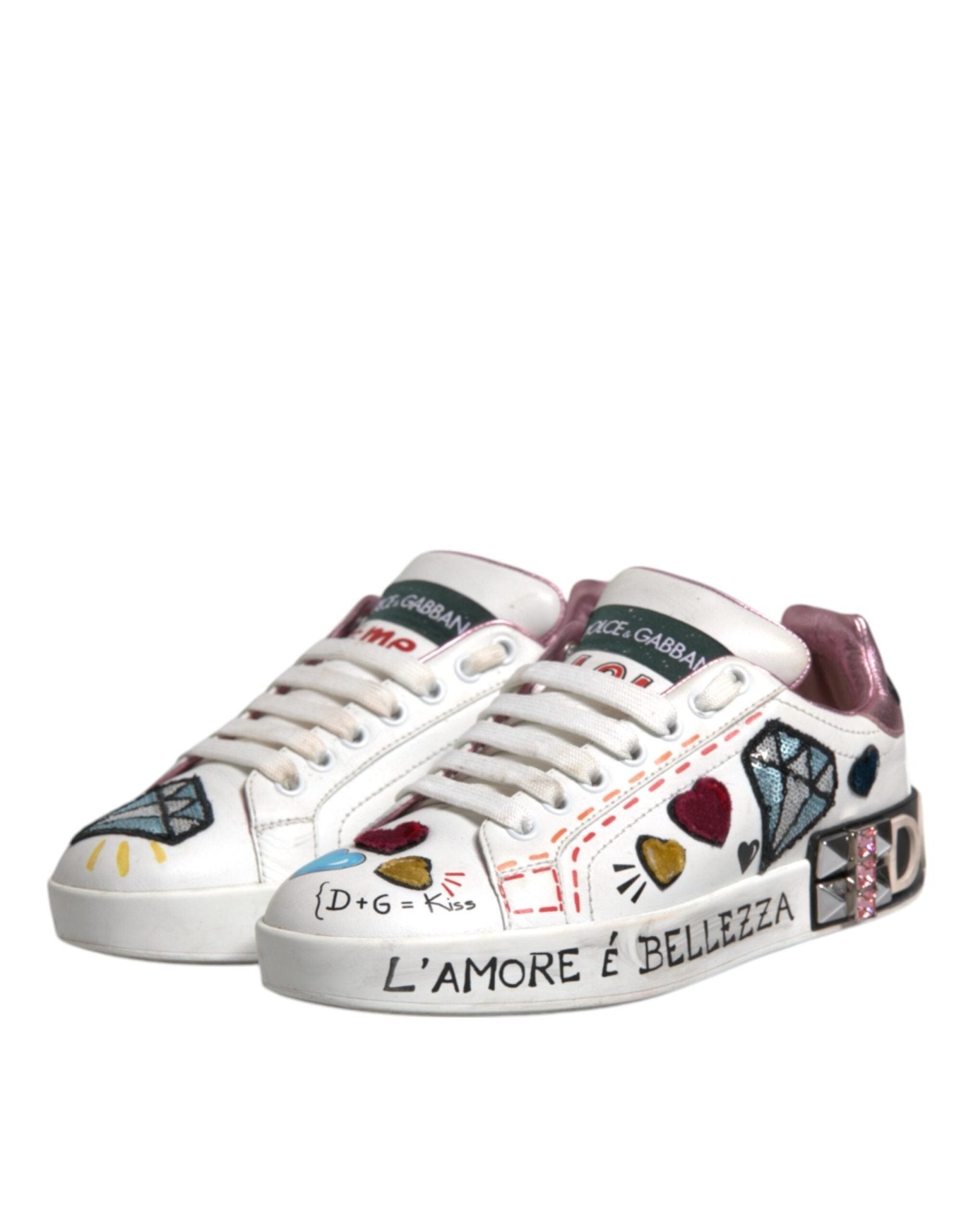 Dolce & Gabbana White Sequined Crystal Low Top Sneakers Shoes - RIMODA