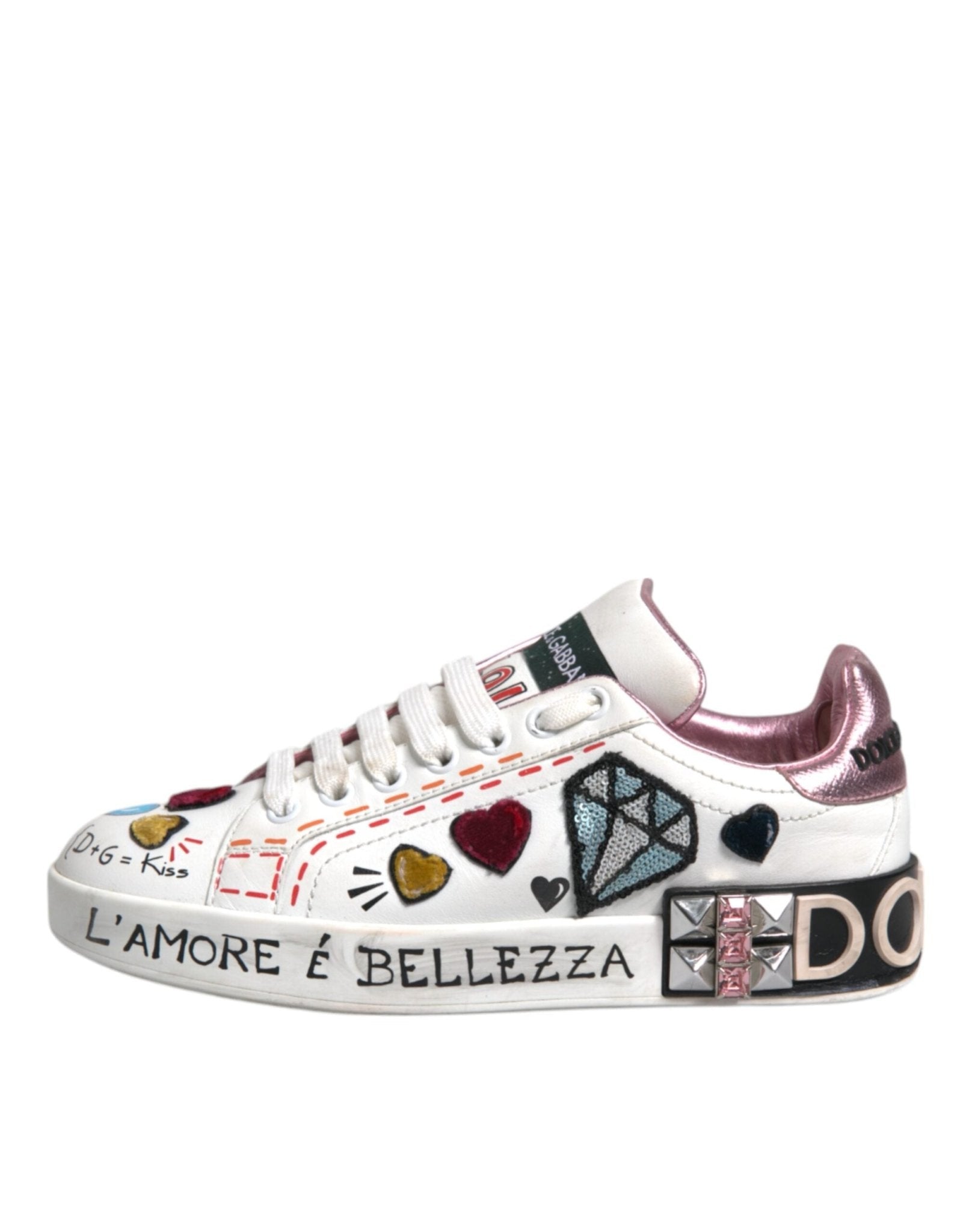 Dolce & Gabbana White Sequined Crystal Low Top Sneakers Shoes - RIMODA