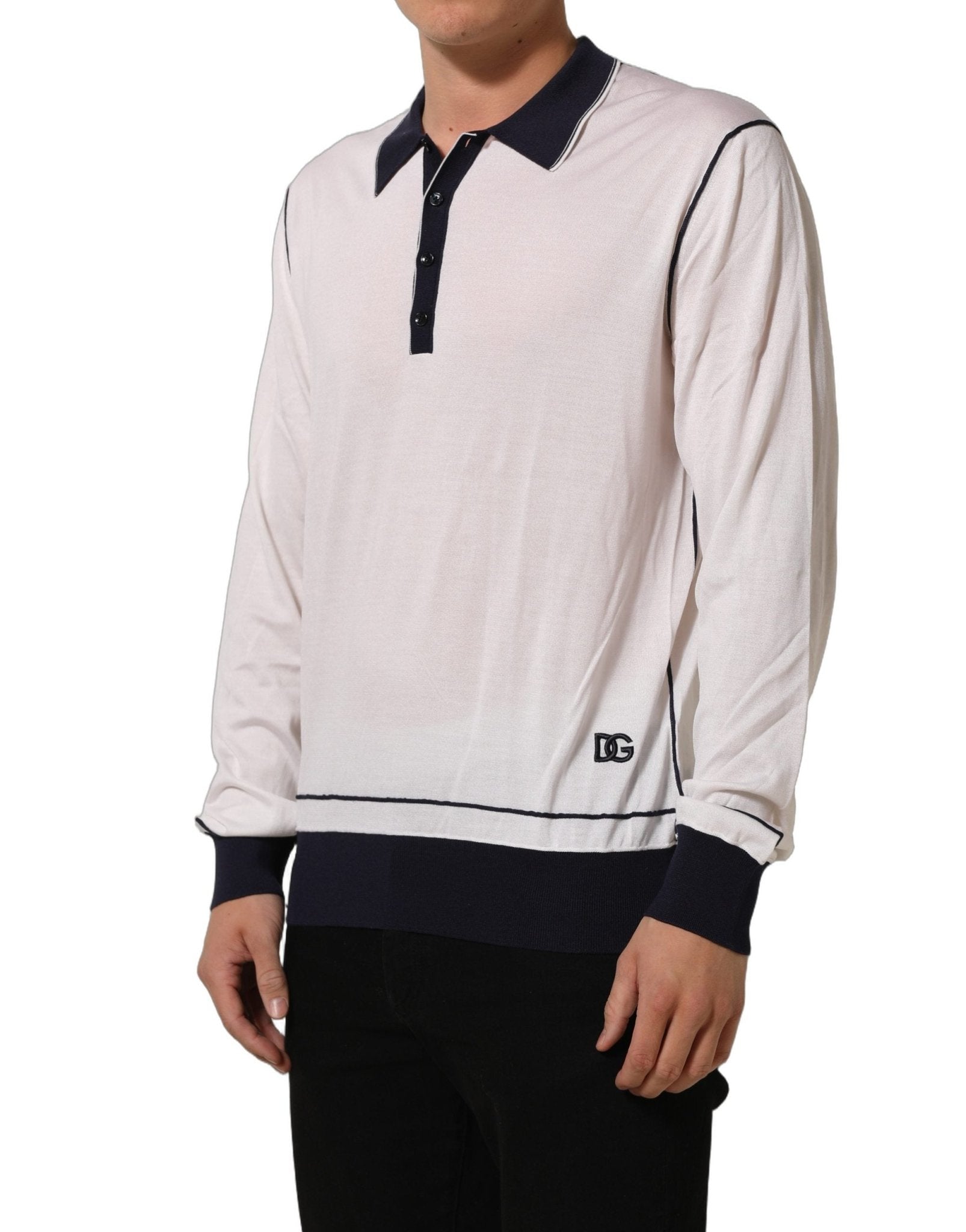 Dolce & Gabbana White Silk Collared Henley Pullover Sweater - RIMODA