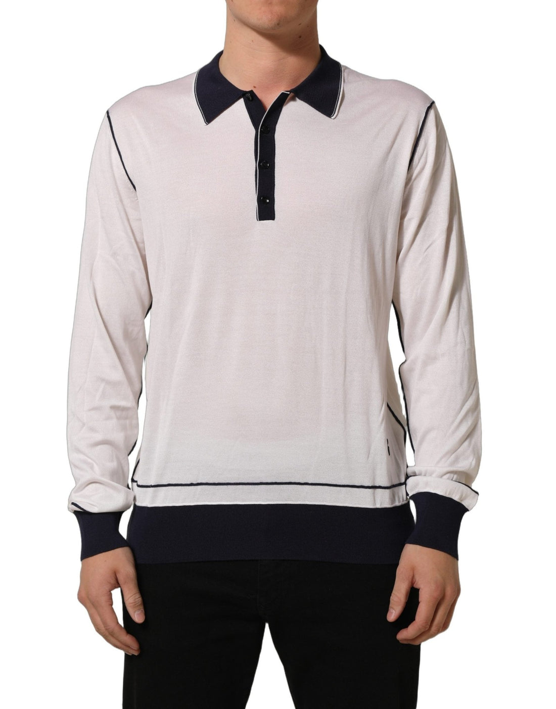 Dolce & Gabbana White Silk Collared Henley Pullover Sweater - RIMODA