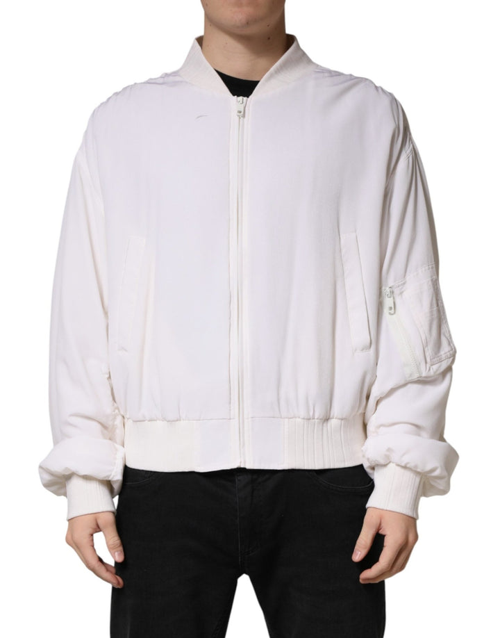 Dolce & Gabbana White Silk Full Zip Bomber Blouson Jacket - RIMODA