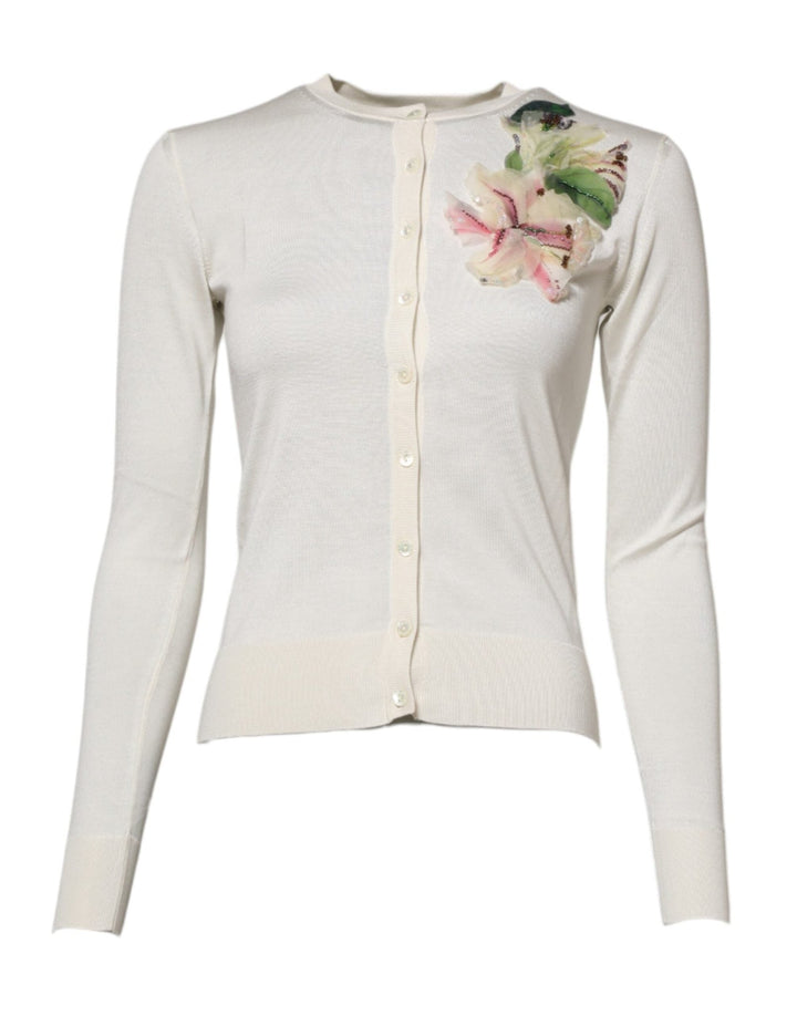 Dolce & Gabbana White Silk Lily Embellished Cardigan Sweater - RIMODA