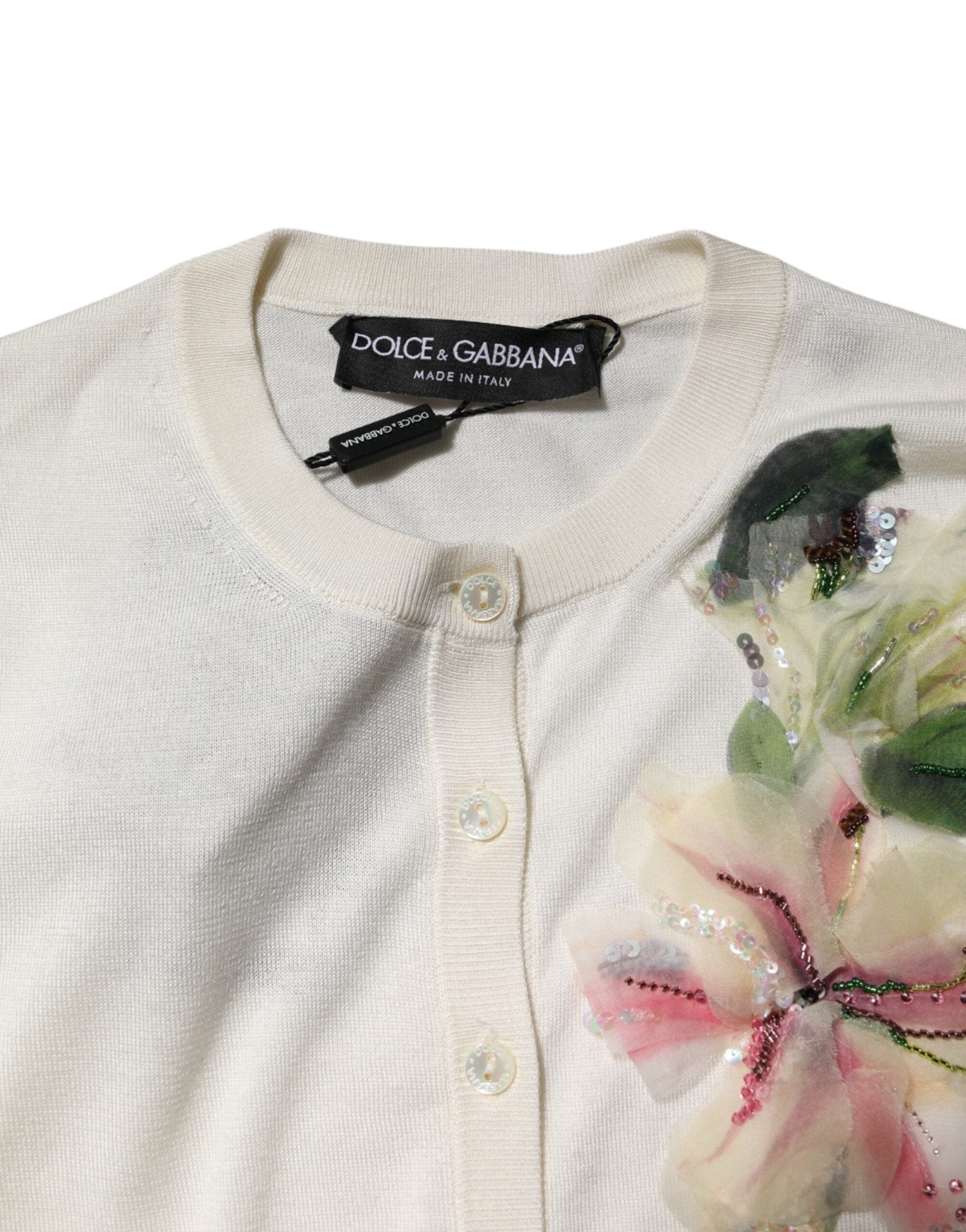 Dolce & Gabbana White Silk Lily Embellished Cardigan Sweater - RIMODA