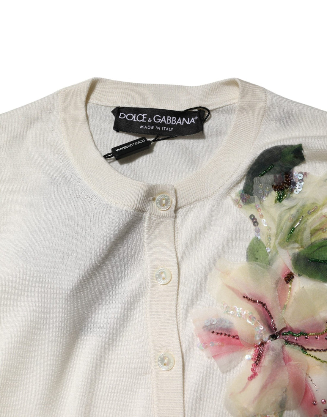 Dolce & Gabbana White Silk Lily Embellished Cardigan Sweater - RIMODA