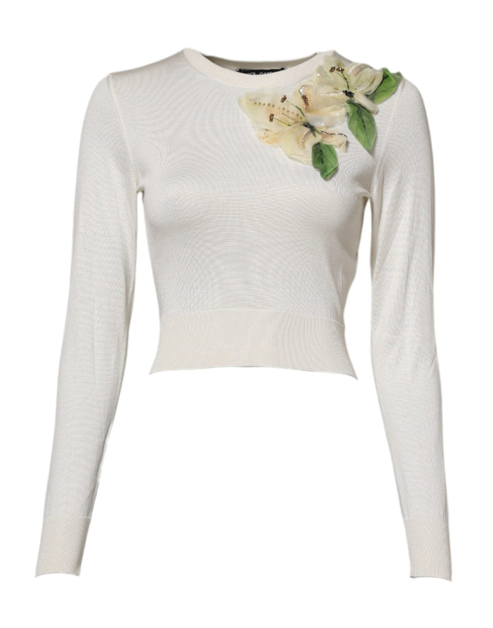 Dolce & Gabbana White Silk Lily Embellished Pullover Sweater - RIMODA