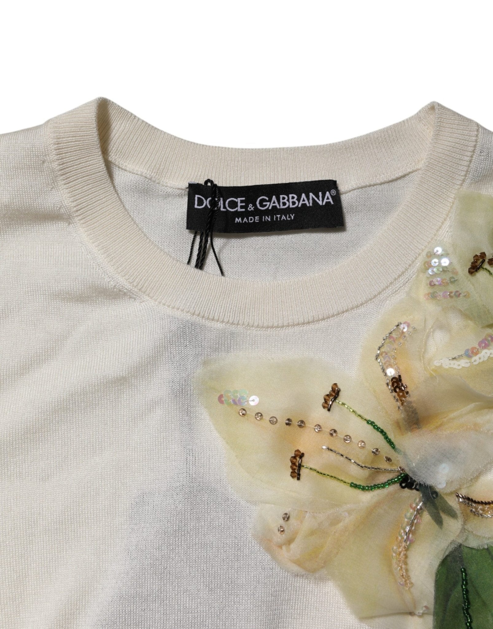 Dolce & Gabbana White Silk Lily Embellished Pullover Sweater - RIMODA