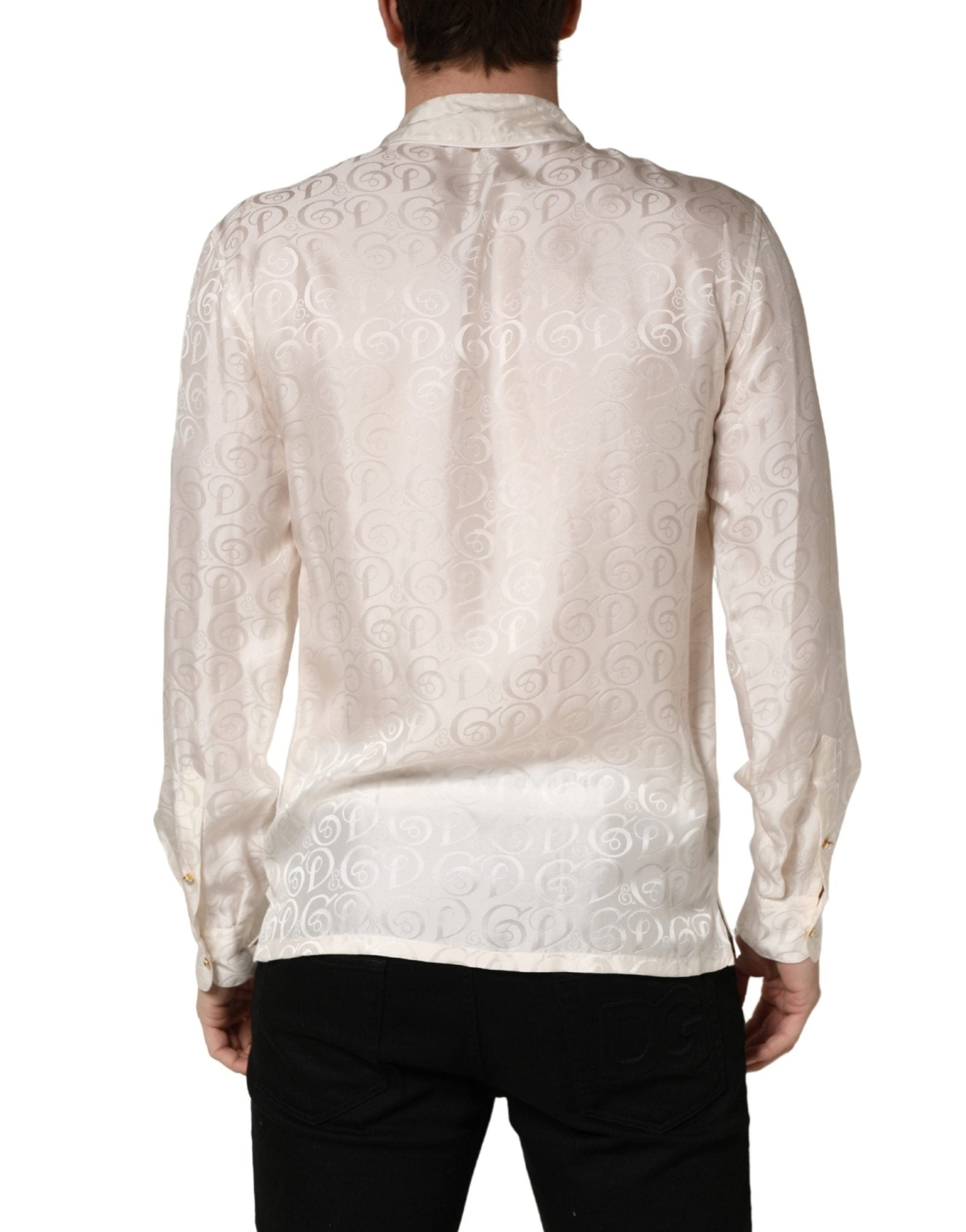 Dolce & Gabbana White Silk Long Sleeve Tonal Logo Print Shirt - RIMODA