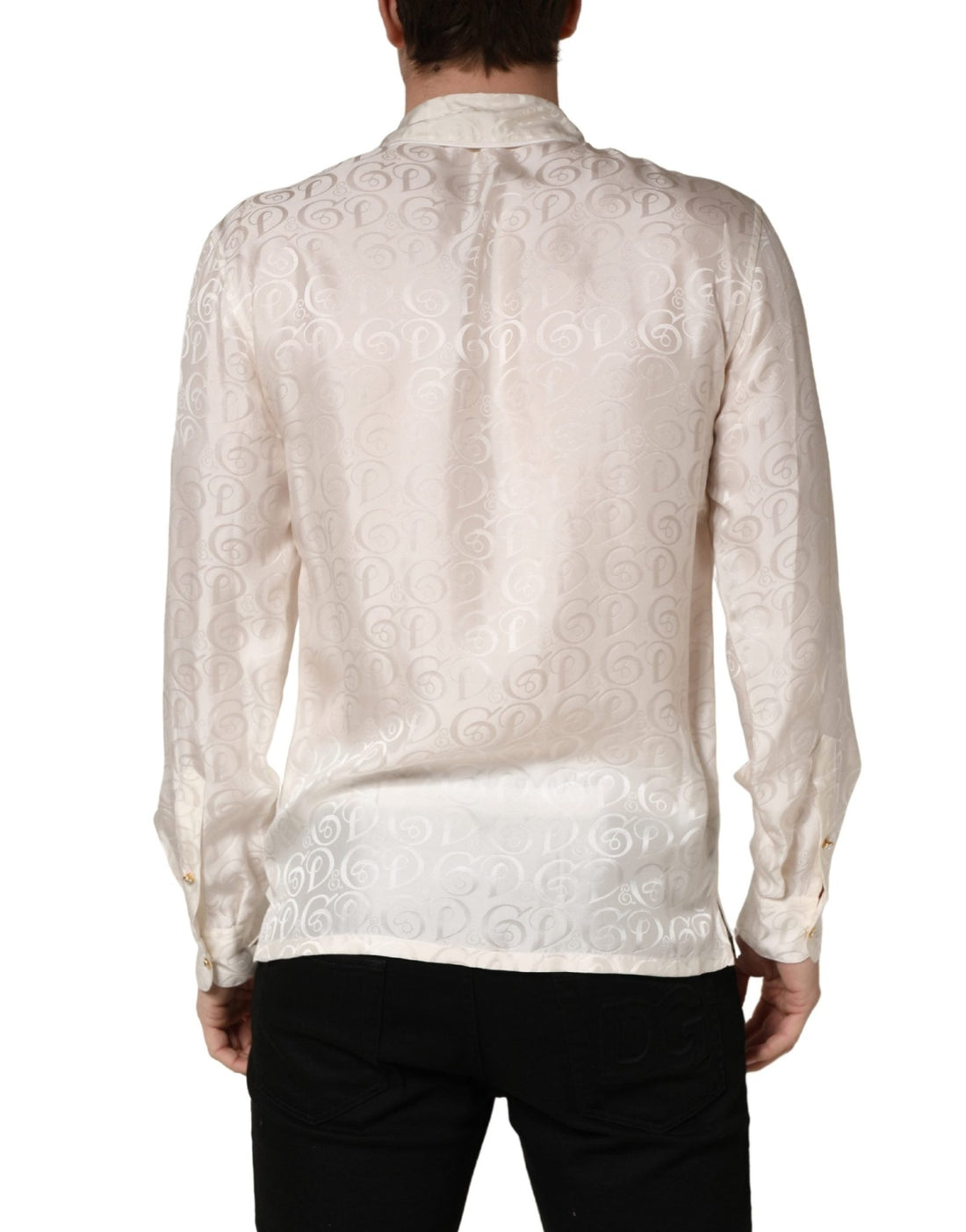 Dolce & Gabbana White Silk Long Sleeve Tonal Logo Print Shirt - RIMODA