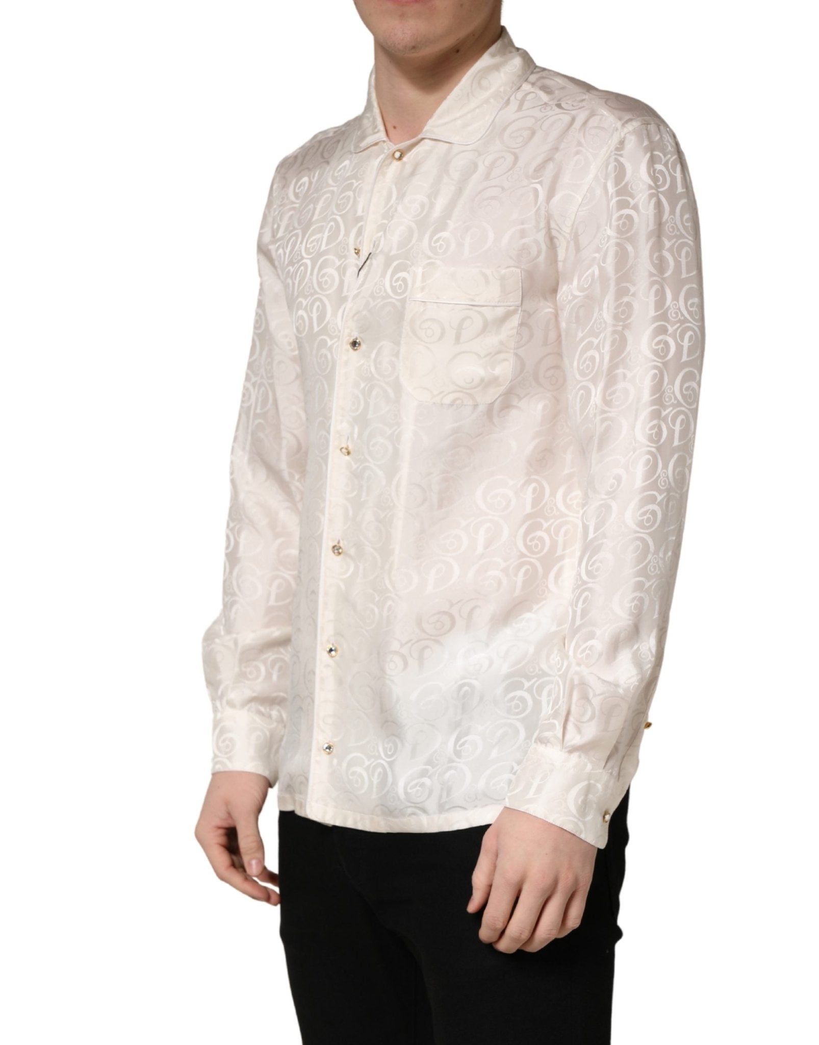 Dolce & Gabbana White Silk Long Sleeve Tonal Logo Print Shirt - RIMODA