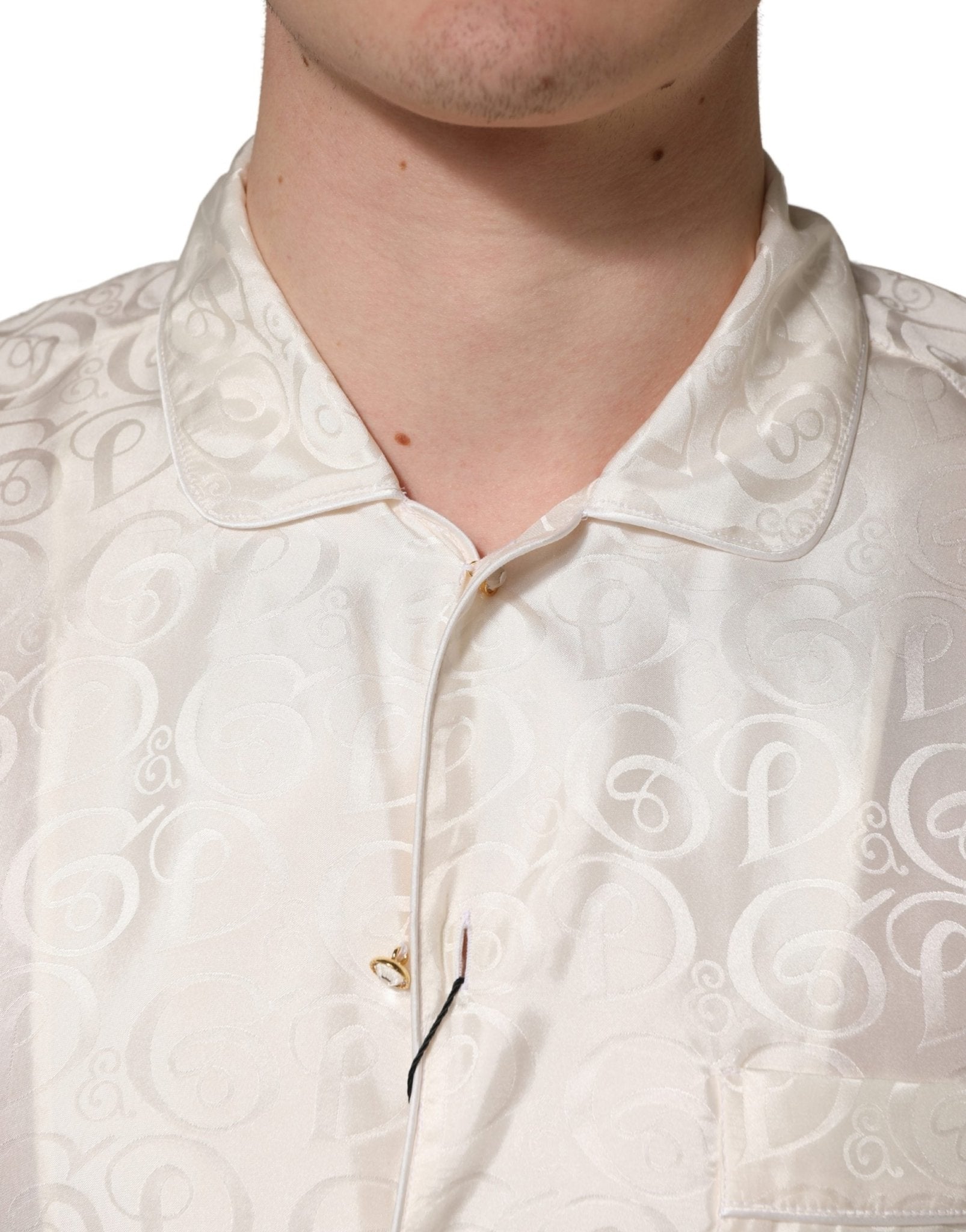 Dolce & Gabbana White Silk Long Sleeve Tonal Logo Print Shirt - RIMODA