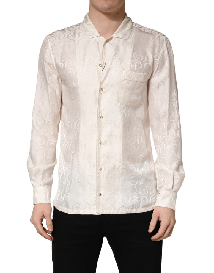 Dolce & Gabbana White Silk Long Sleeve Tonal Logo Print Shirt - RIMODA