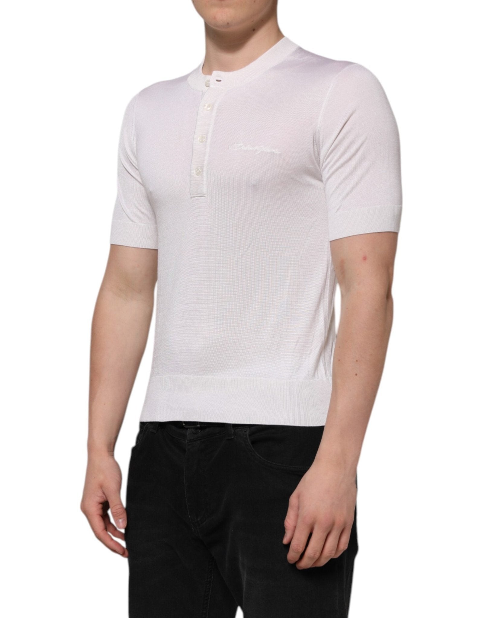 Dolce & Gabbana White Silk Short Sleeves Men Henley T-shirt - RIMODA