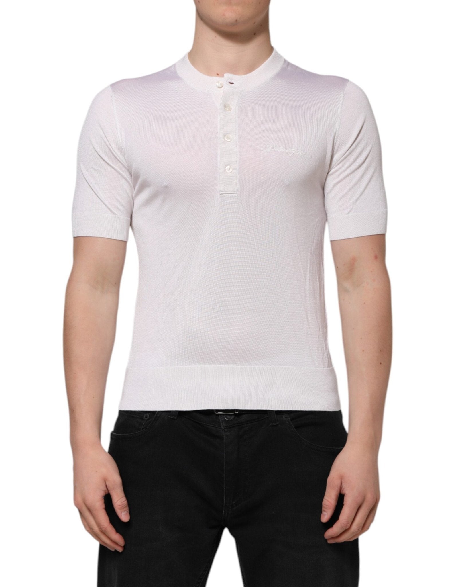 Dolce & Gabbana White Silk Short Sleeves Men Henley T-shirt - RIMODA