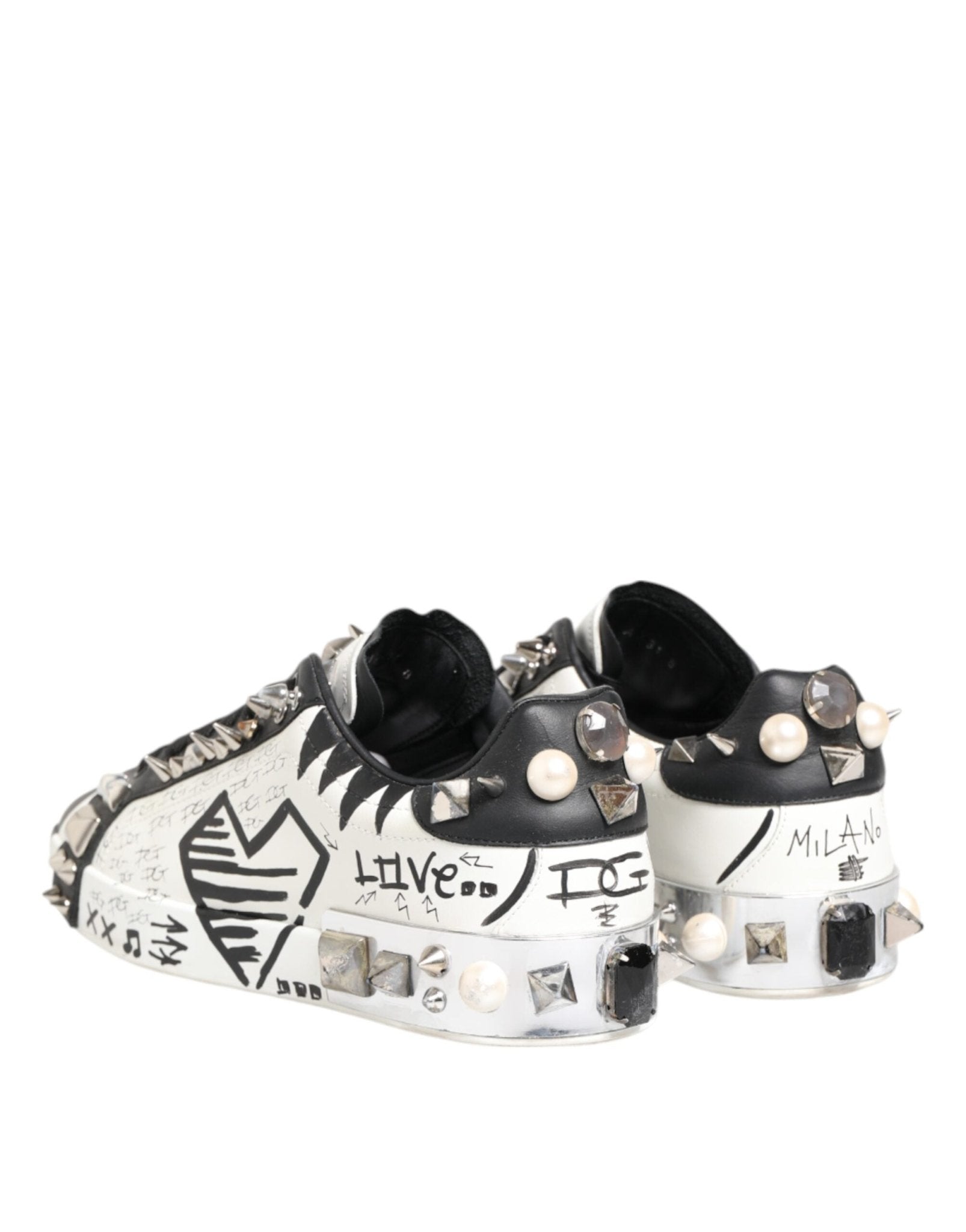 Dolce & Gabbana White Studded Printed Low Top Sneakers Shoes - RIMODA