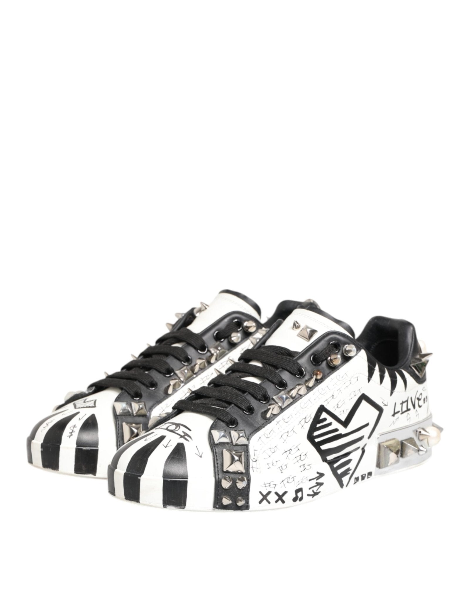 Dolce & Gabbana White Studded Printed Low Top Sneakers Shoes - RIMODA