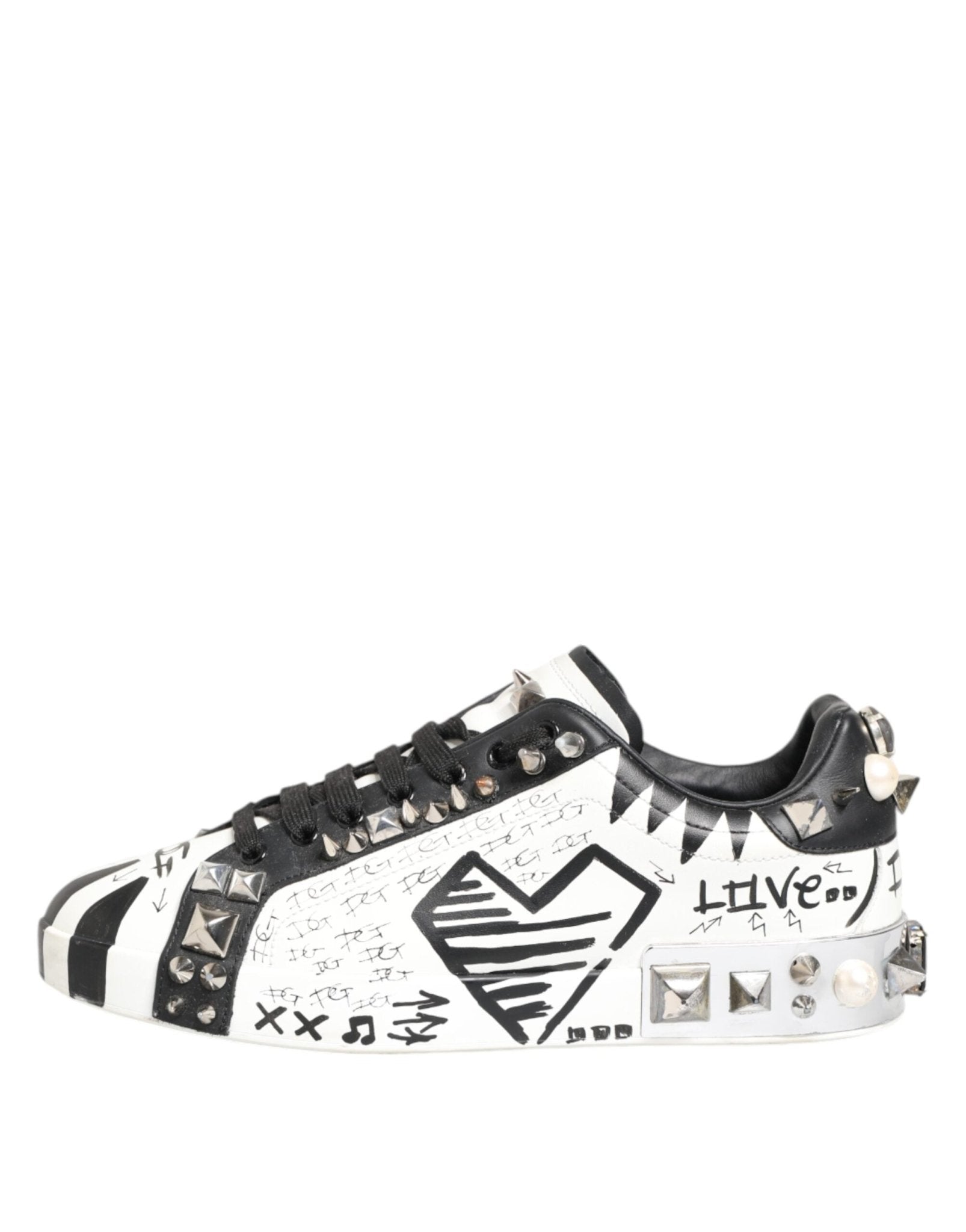 Dolce & Gabbana White Studded Printed Low Top Sneakers Shoes - RIMODA