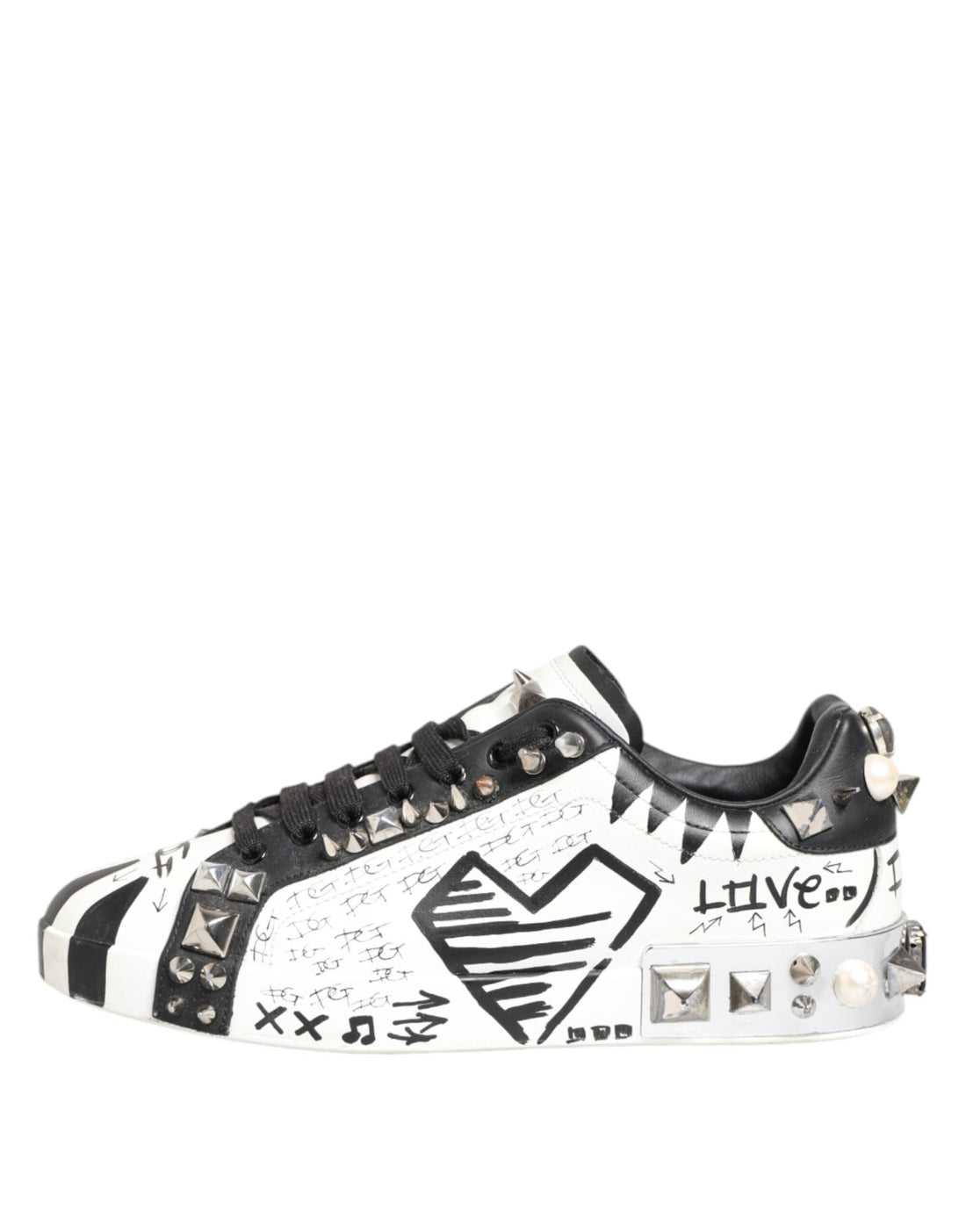Dolce & Gabbana White Studded Printed Low Top Sneakers Shoes - RIMODA