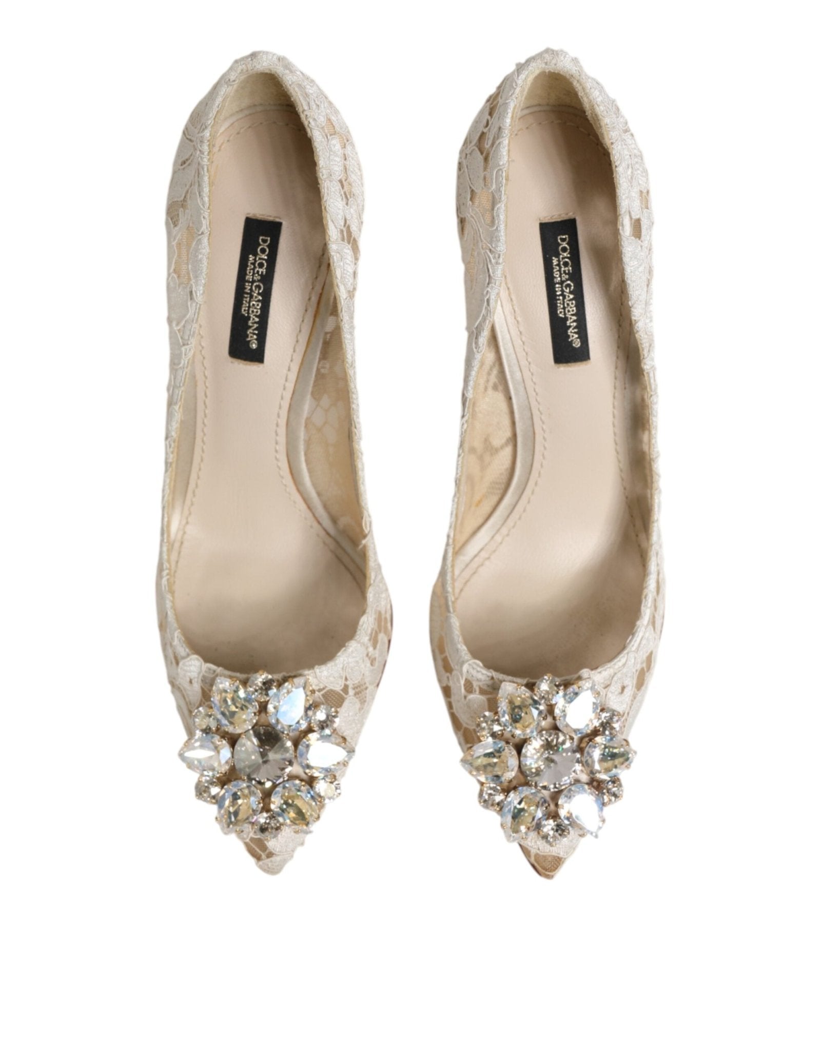 Dolce & Gabbana White Taormina Lace Crystal Heel Pumps Shoes - RIMODA
