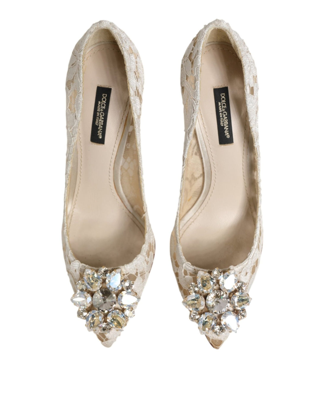 Dolce & Gabbana White Taormina Lace Crystal Heel Pumps Shoes - RIMODA