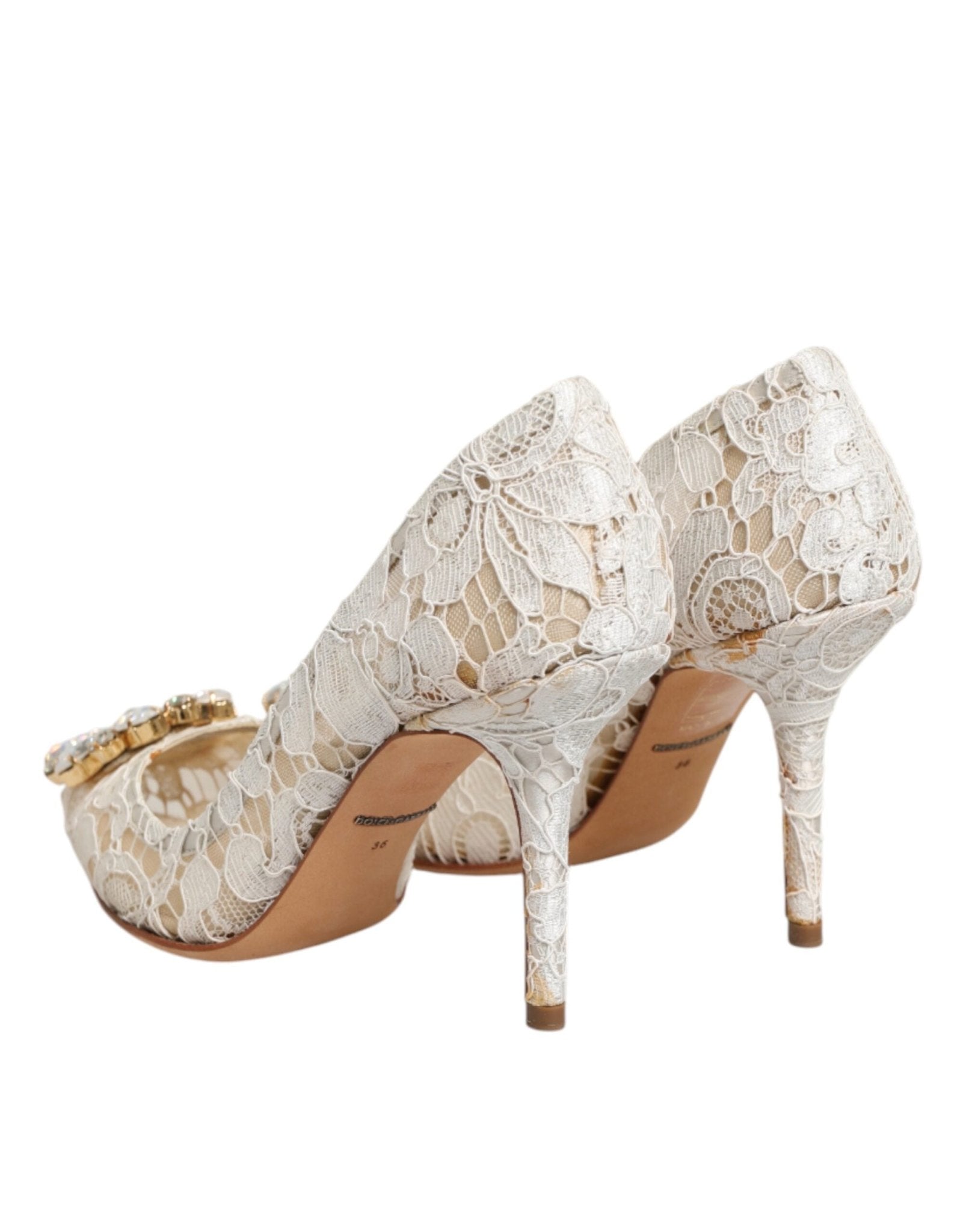 Dolce & Gabbana White Taormina Lace Crystal Heel Pumps Shoes - RIMODA