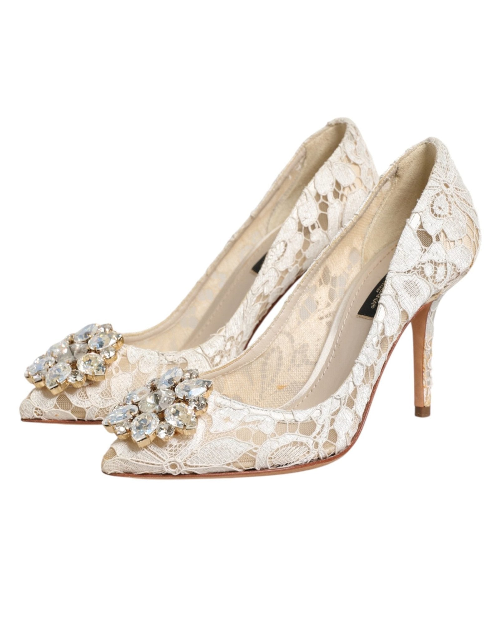 Dolce & Gabbana White Taormina Lace Crystal Heel Pumps Shoes - RIMODA