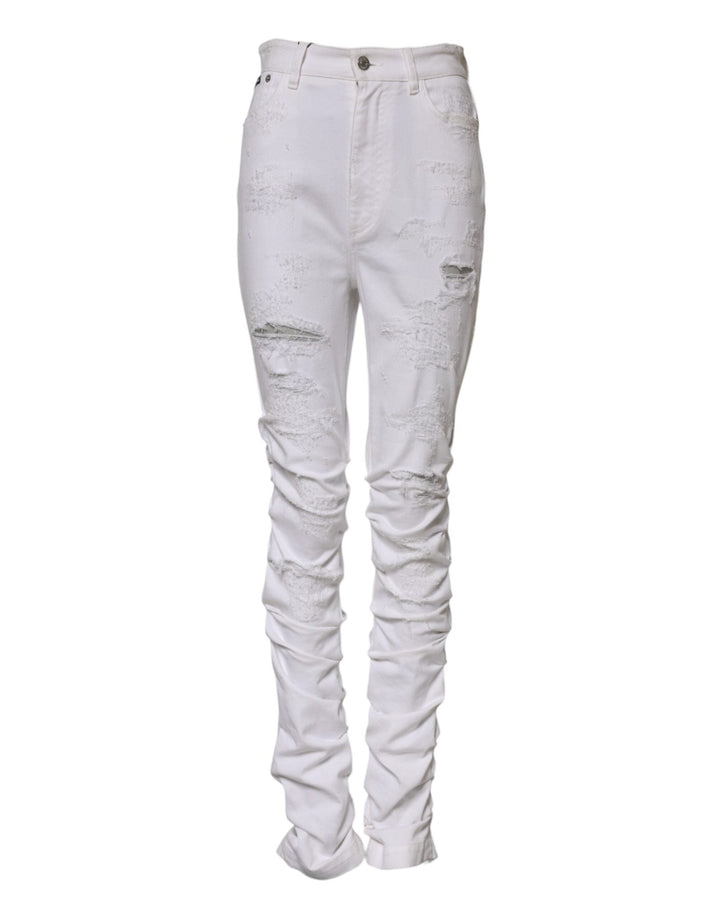 Dolce & Gabbana White Tattered Cotton High Waist Denim Jeans - RIMODA