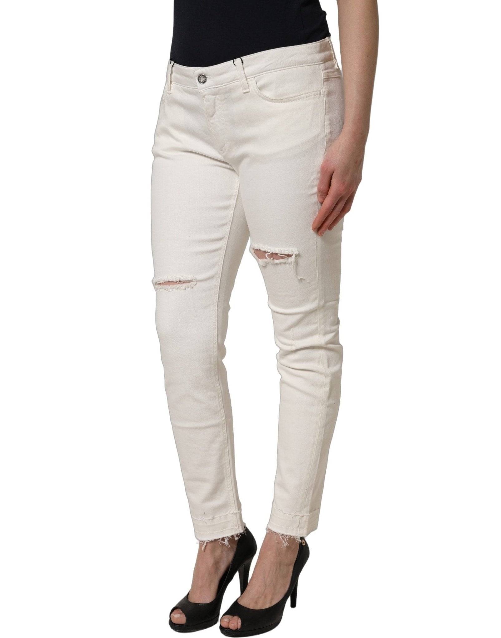 Dolce & Gabbana White Tattered Skinny Cotton Denim Jeans - RIMODA