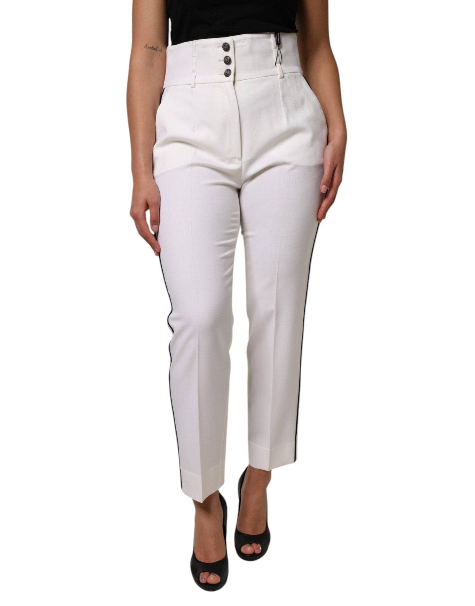 Dolce & Gabbana White Wool High Waist Tapered Pants - RIMODA