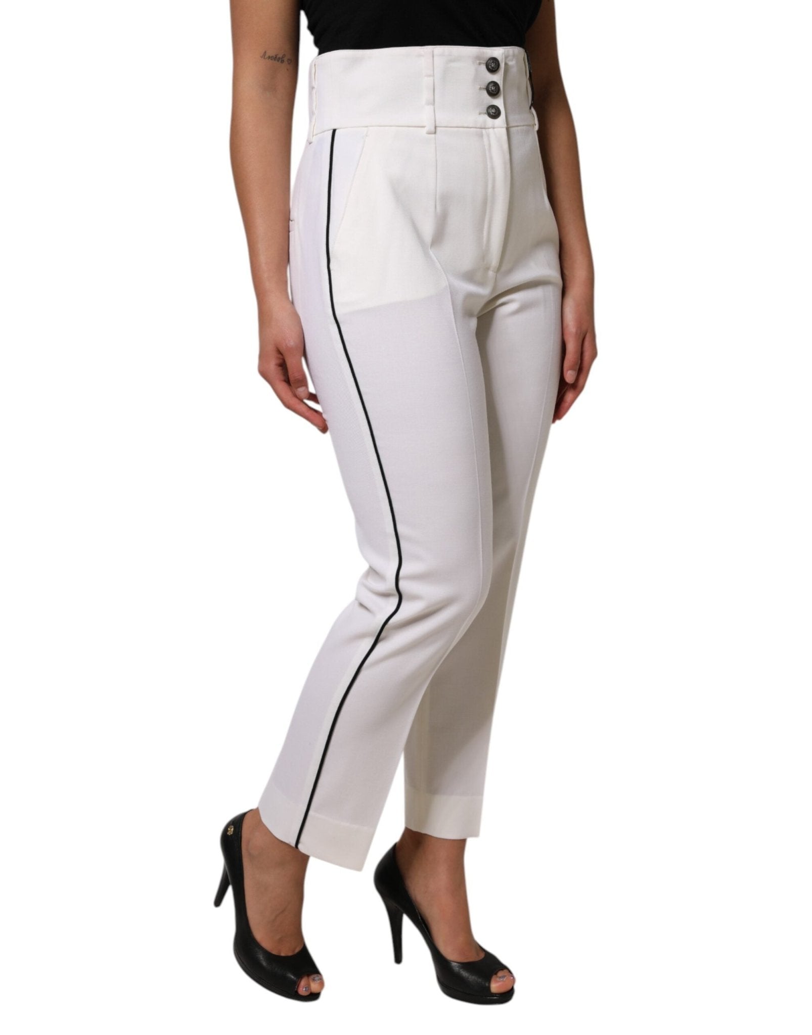 Dolce & Gabbana White Wool High Waist Tapered Pants - RIMODA