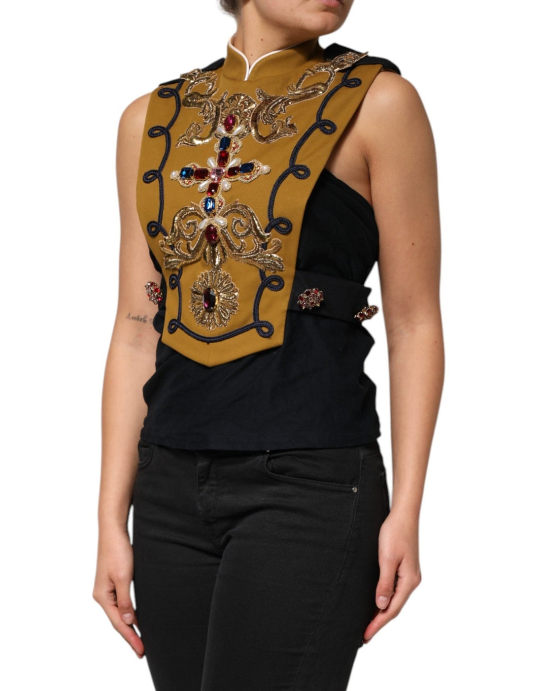 Dolce & Gabbana Yellow Crystal Cross Runway Vest Jacket Top - RIMODA