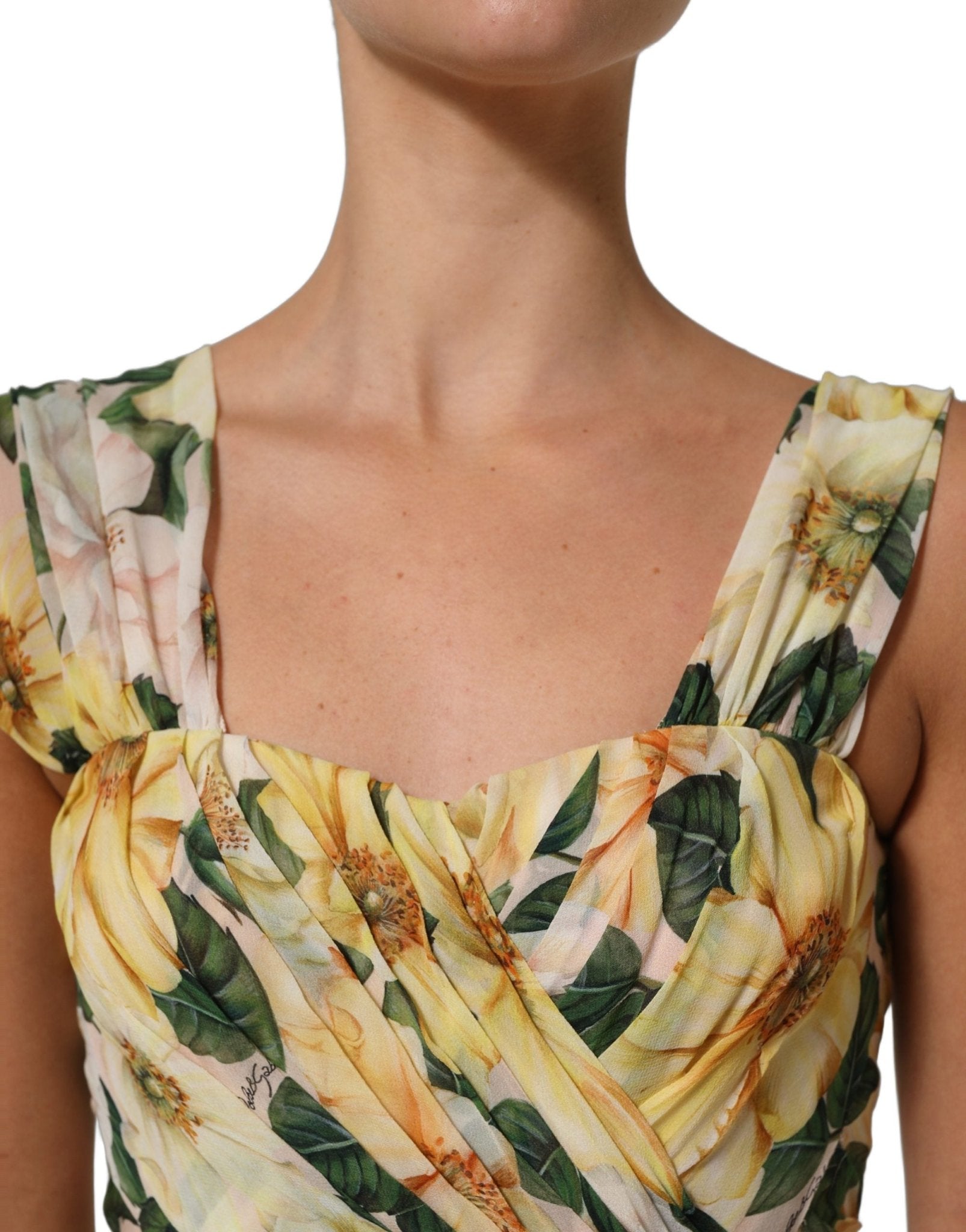 Dolce & Gabbana Yellow Floral Print Silk Pleated Maxi Dress - RIMODA
