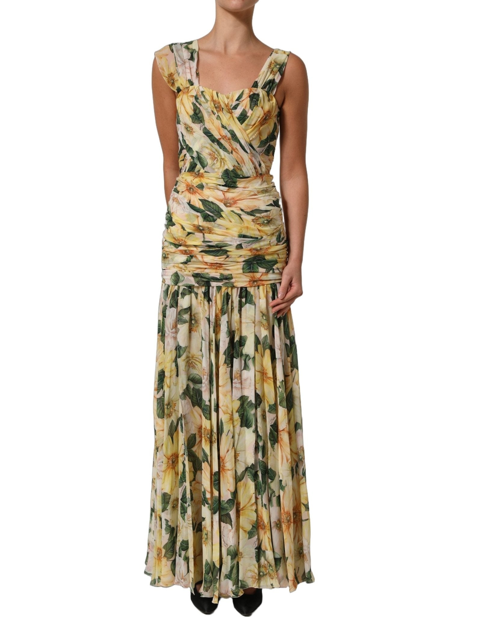 Dolce & Gabbana Yellow Floral Print Silk Pleated Maxi Dress - RIMODA
