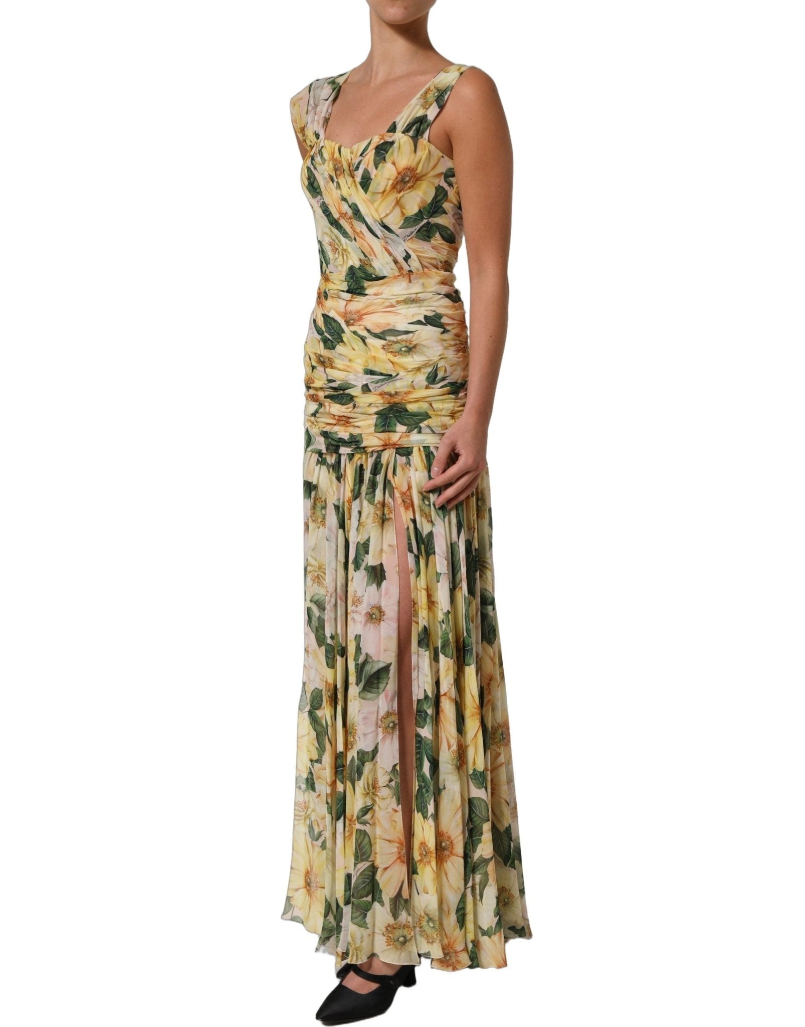 Dolce & Gabbana Yellow Floral Print Silk Pleated Maxi Dress - RIMODA