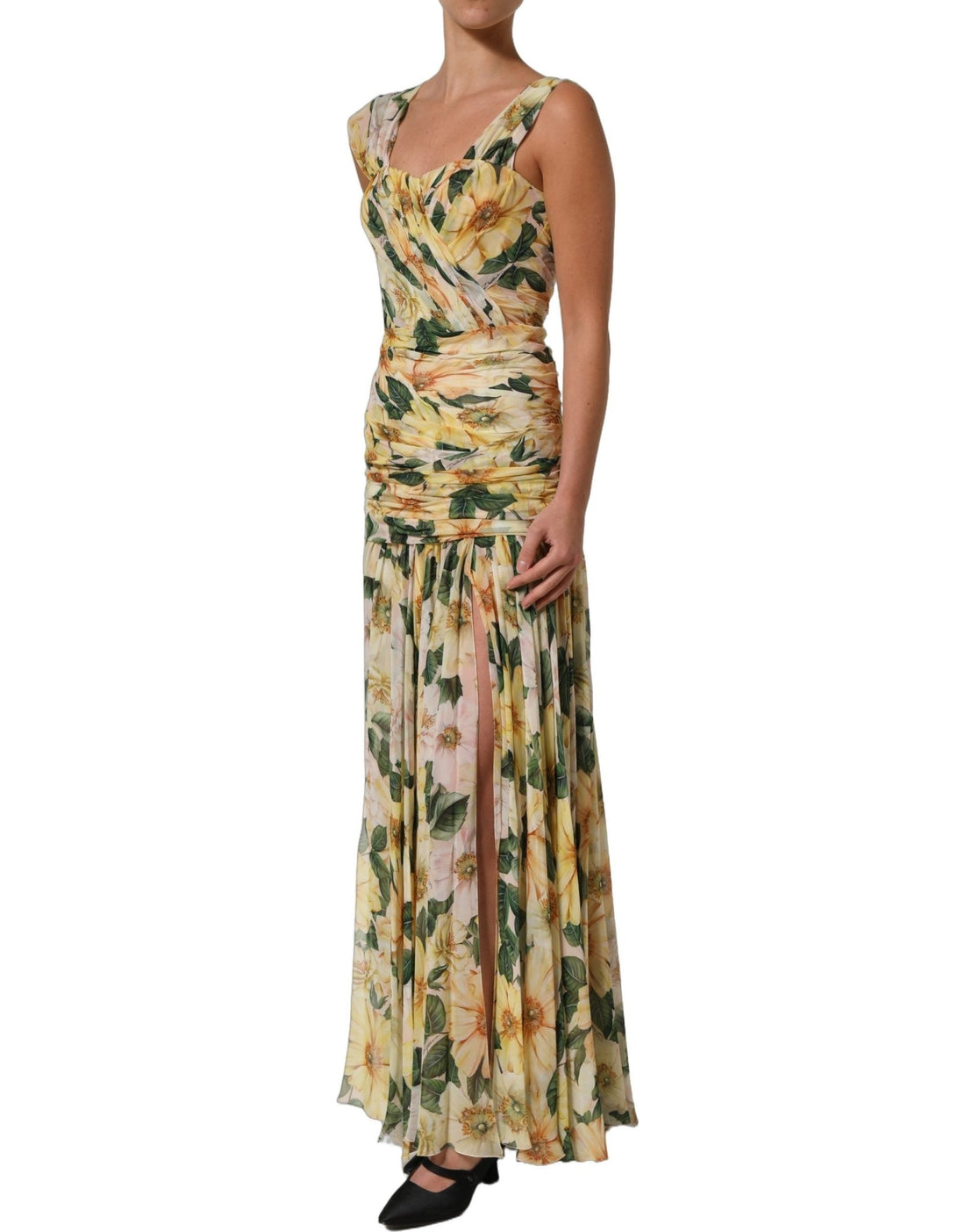 Dolce & Gabbana Yellow Floral Print Silk Pleated Maxi Dress - RIMODA