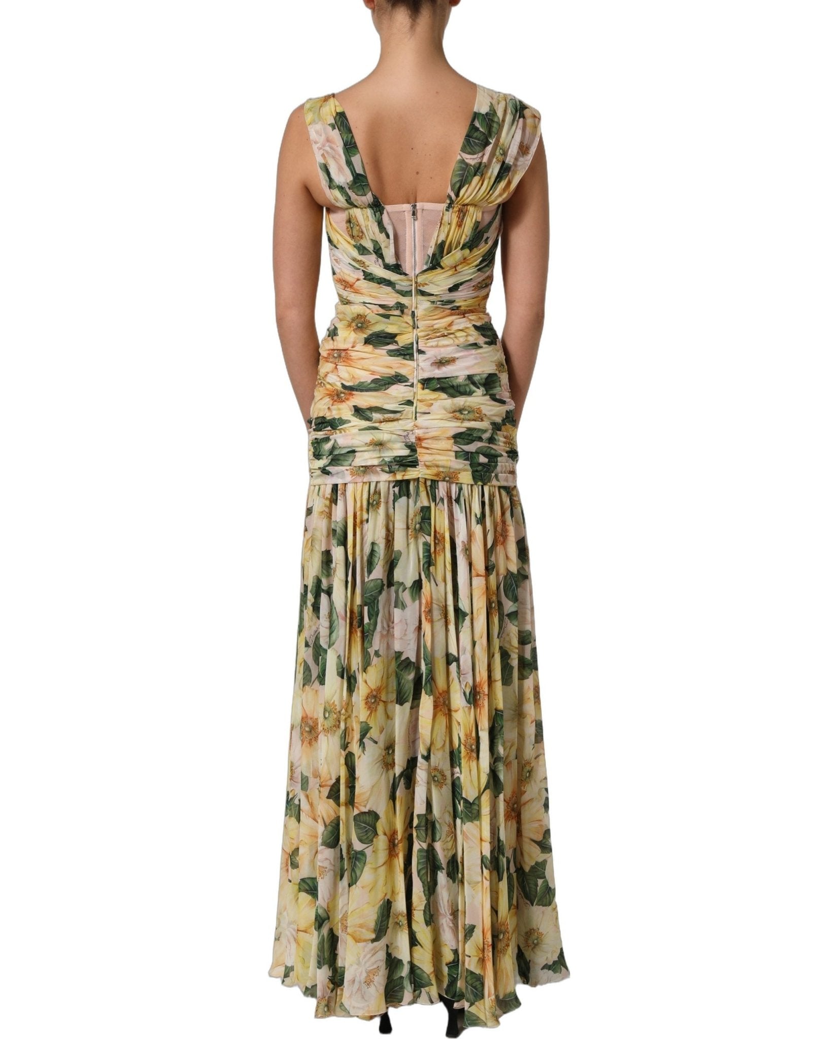 Dolce & Gabbana Yellow Floral Print Silk Pleated Maxi Dress - RIMODA
