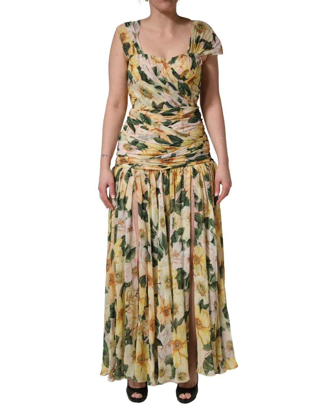 Dolce & Gabbana Yellow Silk Floral Print Pleated Maxi Dress - RIMODA
