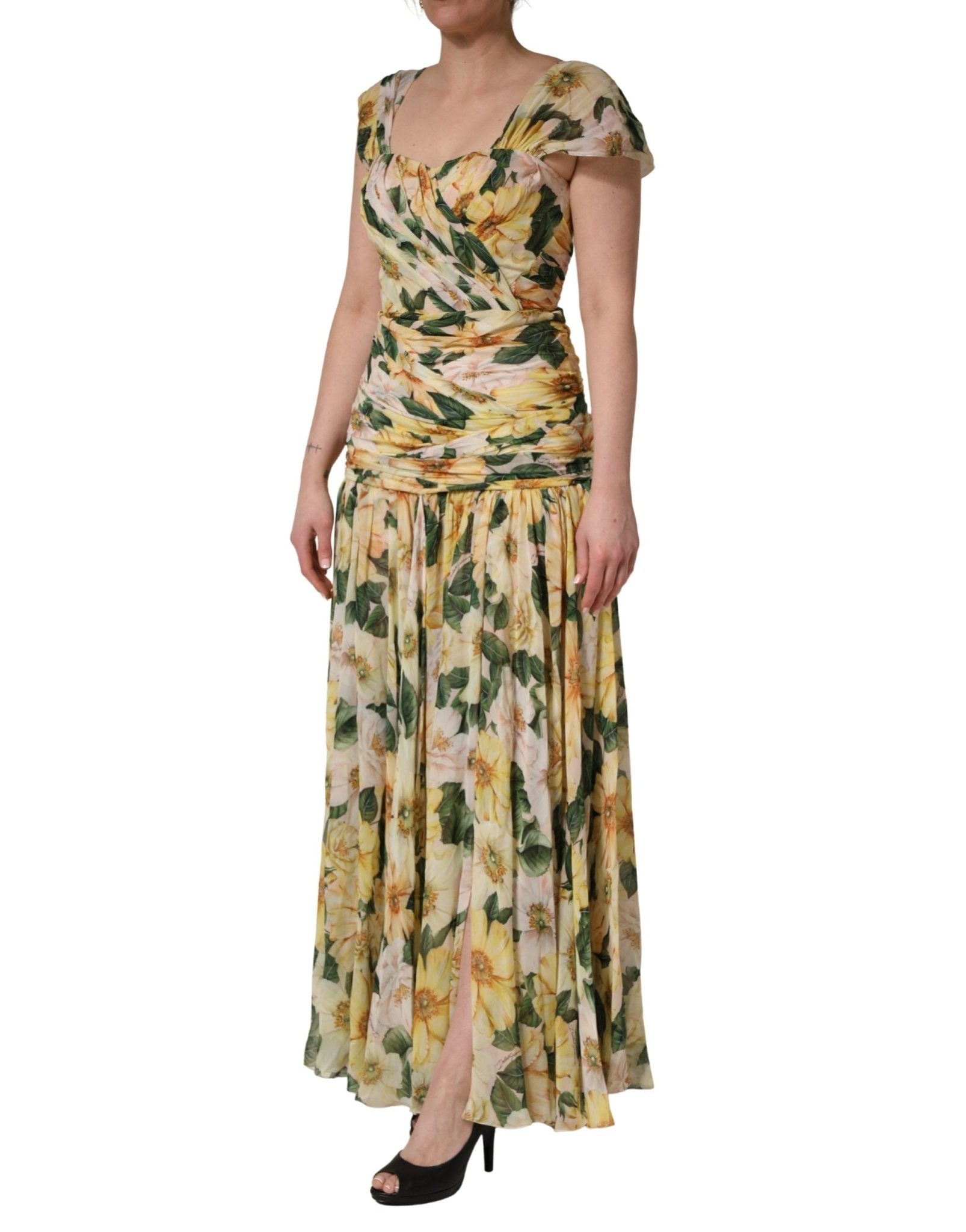 Dolce & Gabbana Yellow Silk Floral Print Pleated Maxi Dress - RIMODA