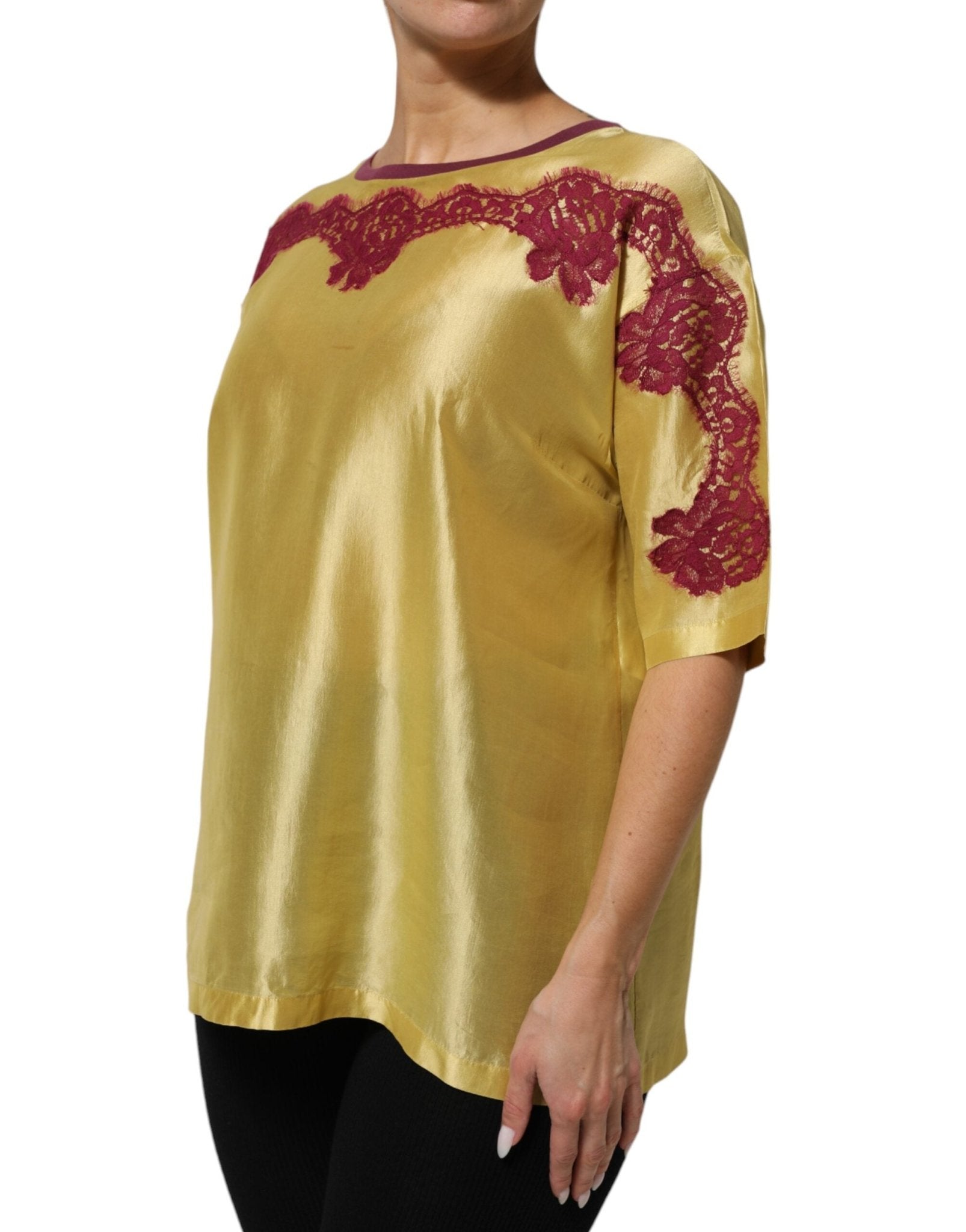 Dolce & Gabbana Yellow Silk Satin Floral Lace Short Sleeves Top - RIMODA