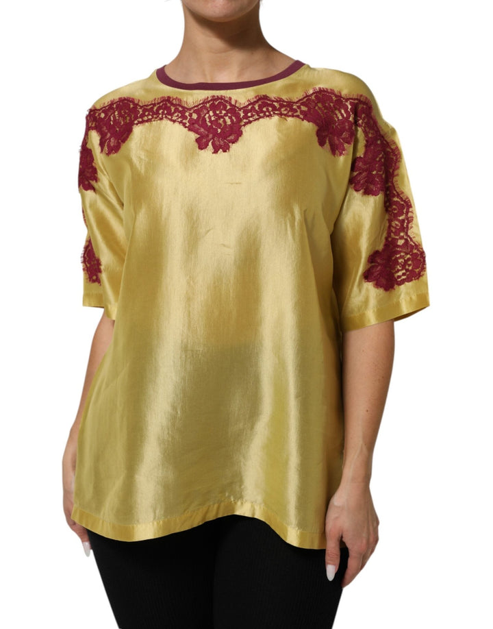 Dolce & Gabbana Yellow Silk Satin Floral Lace Short Sleeves Top - RIMODA