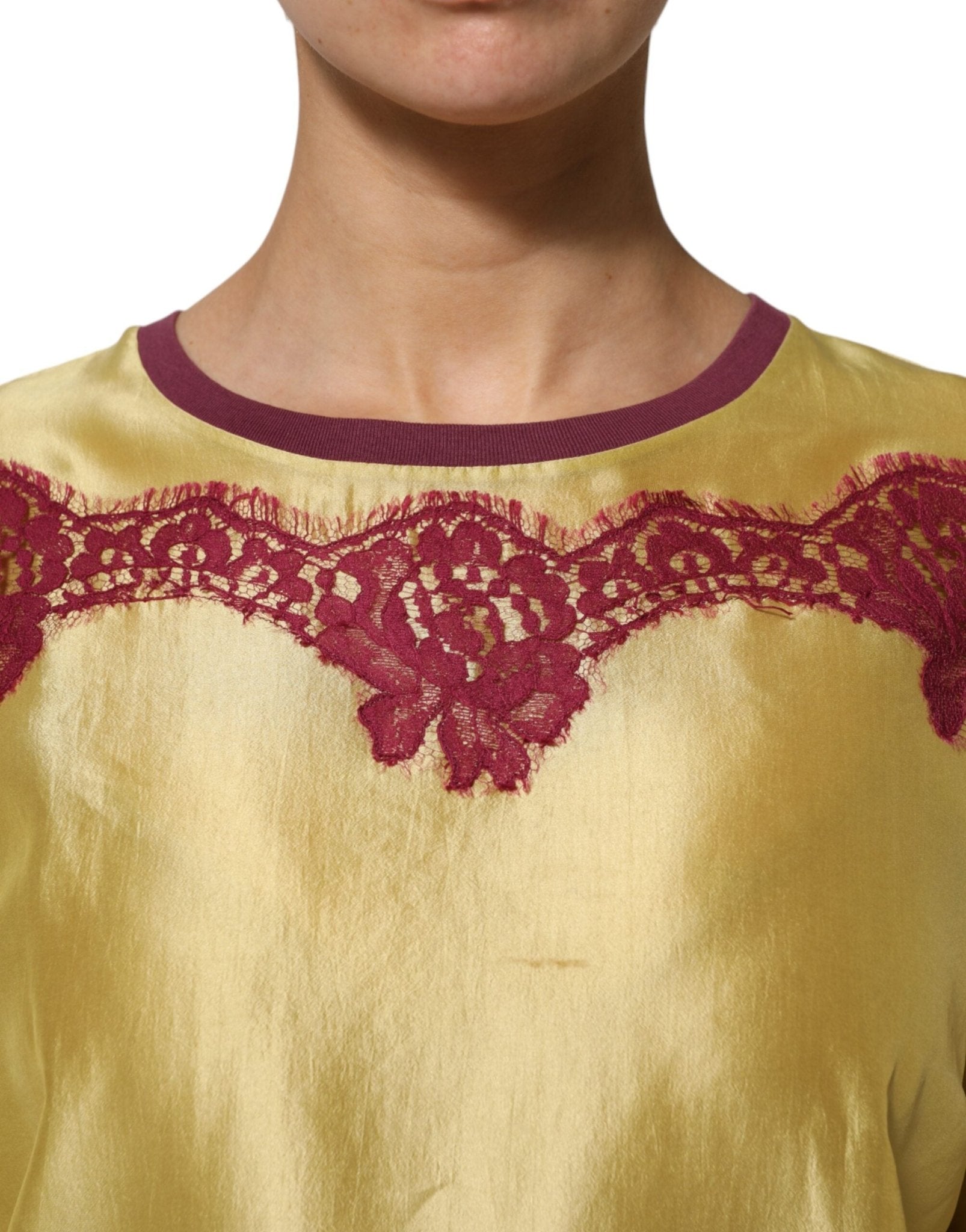 Dolce & Gabbana Yellow Silk Satin Floral Lace Short Sleeves Top - RIMODA
