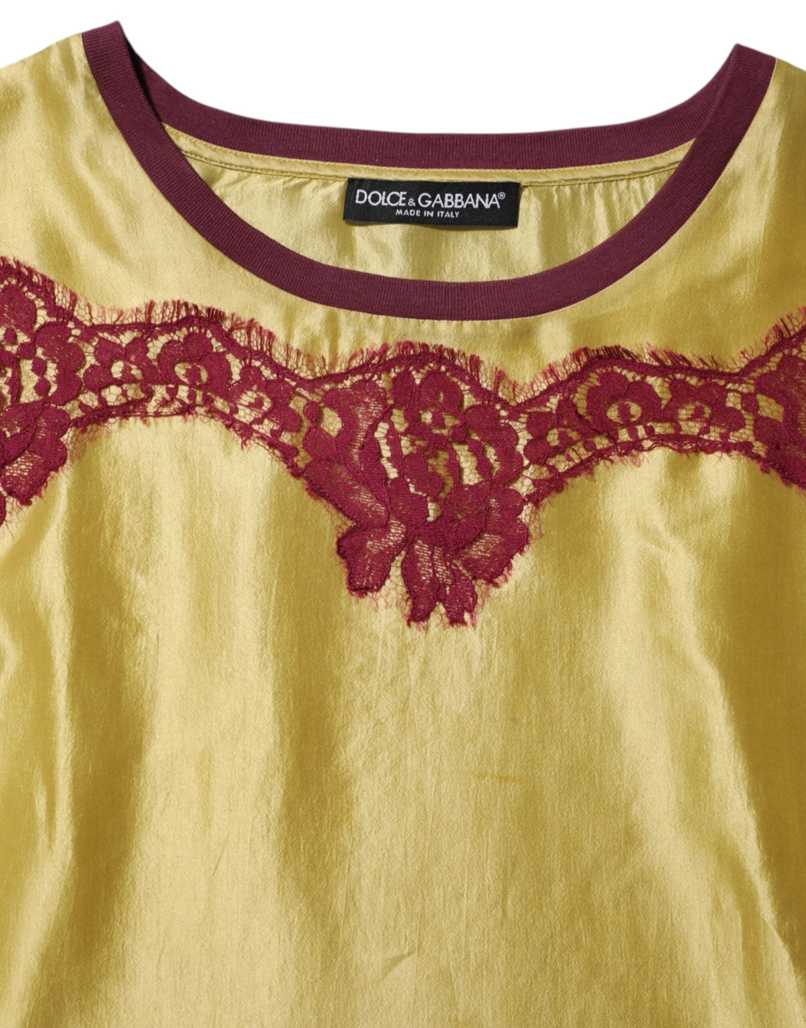 Dolce & Gabbana Yellow Silk Satin Floral Lace Short Sleeves Top - RIMODA